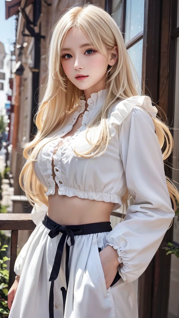 (((White Blonde、forehead、White background、Frilled blouse)))、Beautiful and fair、Glowing Skin, 3 Up, nice, bright, Refreshing and gentle look, Perfect beautiful face、White Blondeのロングヘア，Beautiful shiny bangs, Very beautiful 17 year old girl, eyeliner, So perfect and beautiful、Lovely large, clear, sky-blue eyes，Very large breasts，The original skin is visible through the grooveuscular body，