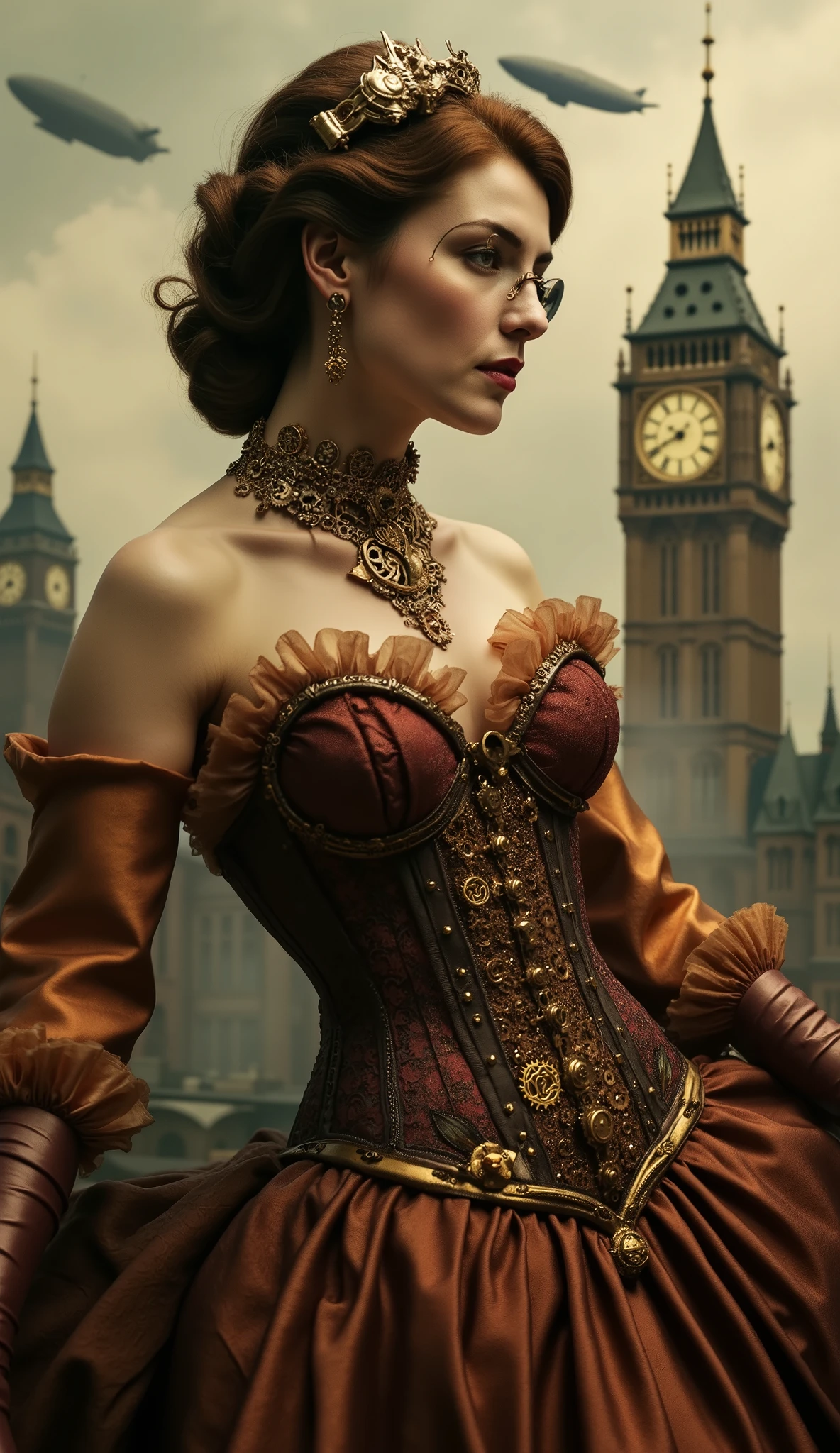 Mechanical elegance: a noble woman in a Victorian steampunk setting, wearing an elaborate gown blending silk and copper gears, a corset adorned with animated cogs, and a finely crafted monocle. Behind her, an industrial landscape of steam, giant clocks, and airships. Misty atmosphere, sepia and golden palette, soft lighting evoking a reinvented era.