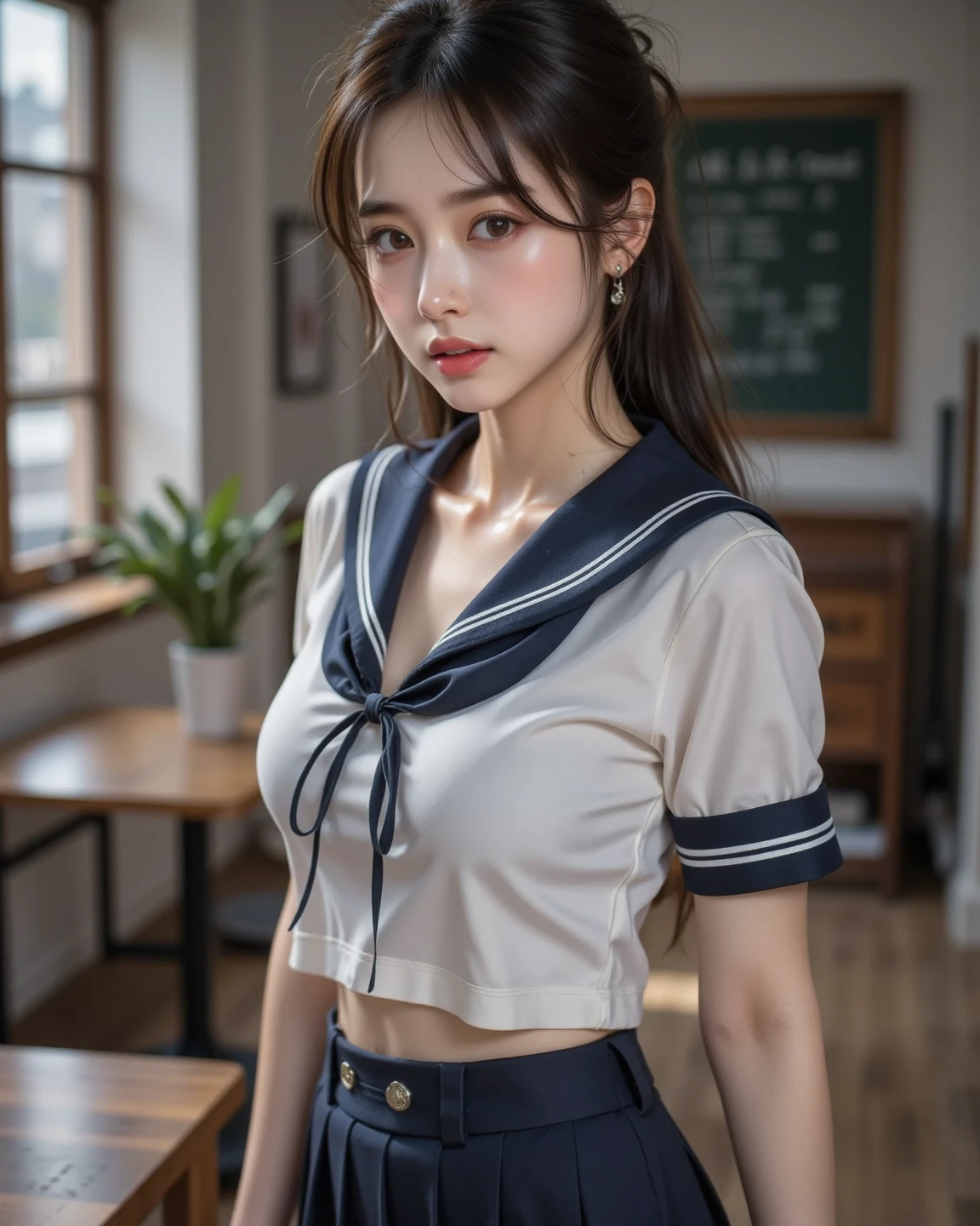 absurdres, RAW photo, extremely delicate and beautiful, masterpiece, Best Quality, ultra high resolution, 16k, hyperrealistic, ultra-detailed, perfect anatomy, super Detailed skin, perfect figure, Very detailed CG 8k wallpaper, in her 20s, very Slim body, narrow waist, very small head, very small face, delicate facial features, tearful mole, earring, thin legs, (very huge round breasts), ((full body shot)), short hair, (wavy hair), light brown hair, 1 girls, ((sweat)), (((sailor uniform))),