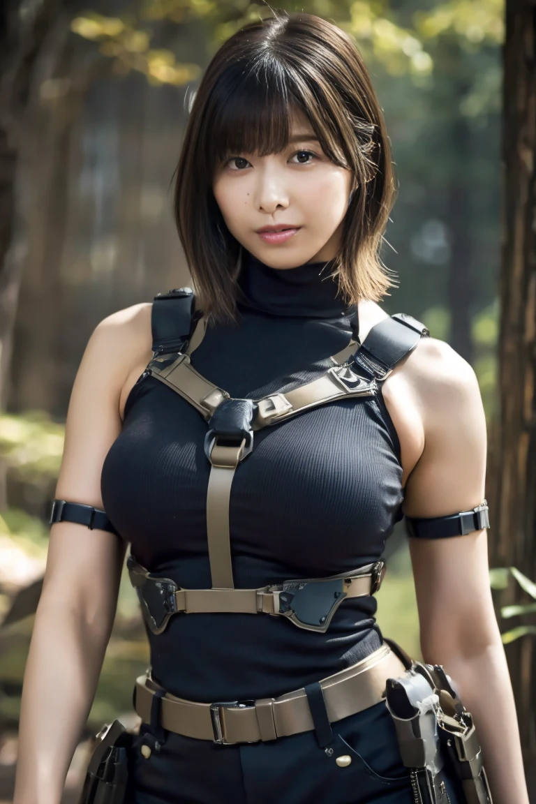 8K,荒れた大地adventure者の衣装,Traveling through the dusty wilderness,Light brown short hair,so beautifulな日本の女性, Red and black large breasted breastplate(Devil's Crest),so beautiful(Like the real thing),Red and black shoulder armor for the left shoulder(Devil's Crest),Red and black combat trousers,sexy,deviantart artstation cgscosiety, 3DレンダリングCharacter Art8 K, Alena Aenami and Artgerm, Vojtek Fas, Artstation 8K のトレンド, Art Station HDのトレンド, Adventure Ultra-Realistic Rendering, Perfect body with realistic shading, Photorealistic perfect body, Ultra-high resolution,high quality,sexy,Brown short hair,Strongly defined abdominal muscles,Muscular and slim body,Muscular and lean lower body,close,masterpiece,最high qualityのフォトリアリスティックなRAW写真。Bright colors,Rich colors, Backlight, Cinema Lighting, Film Grain, to be born, 50mm lens, Nikon D850,Realistic Skin,Fantasy art,Character Art,Sharp Eyes,adventure,He has a long and big Japanese sword.,brown combat jacket,red and black gauntlets(Devil's Crest),Battle Scenes,Dynamic pose,Action pose,shout,