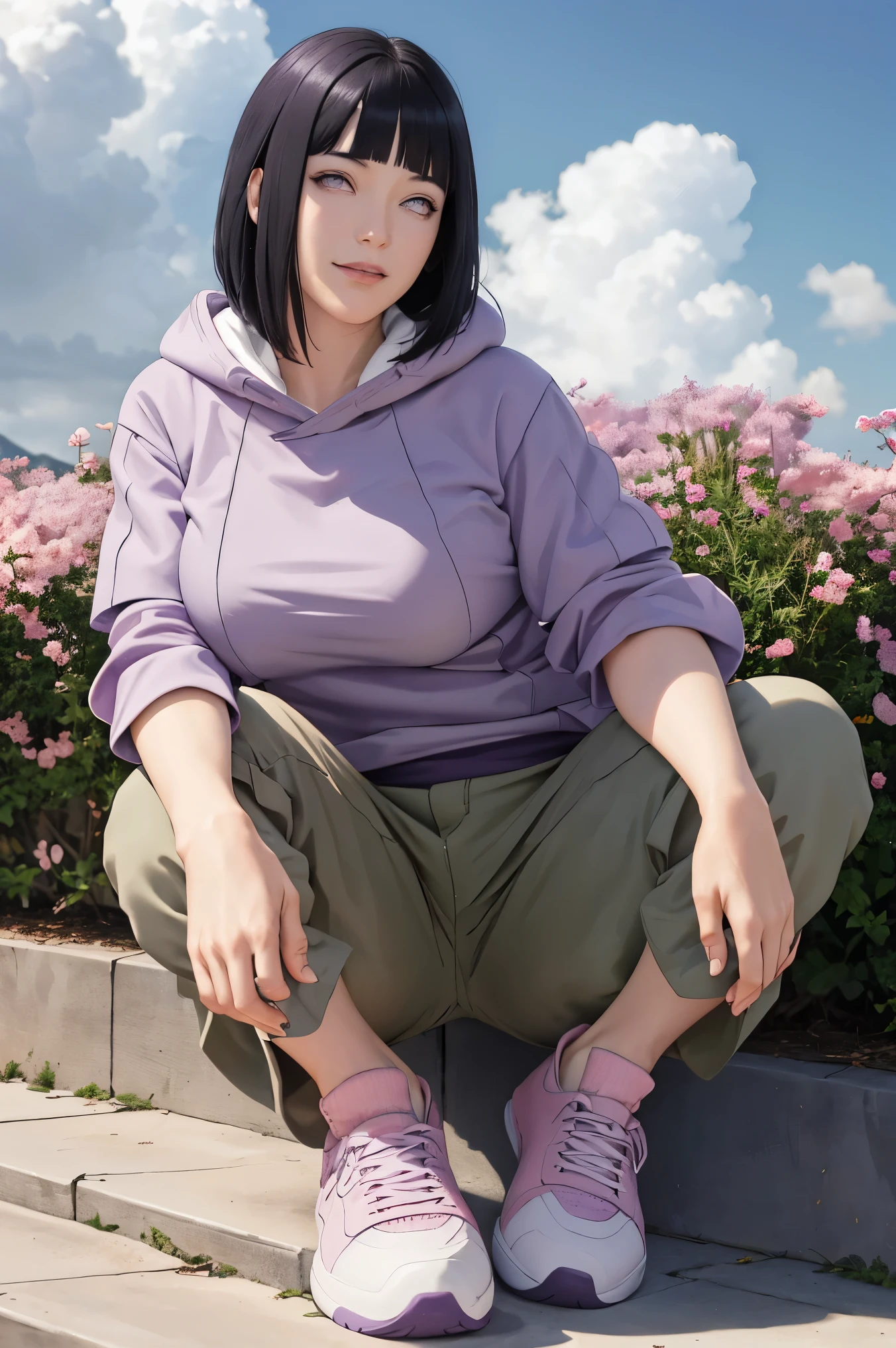 (masterpiece)master part, absurdos, Hinata\(Boruto\), 1girl, sozinho,Mature female, Capuz roxo,mangas em camadas, brown pants, ao ar livre, Campo de flores de lavanda, looking at the petals), Cloudy sky, perfect composition, circunstanciado lips, peito grande, beautiful face, body propotion, corar, (pink lips), cabelos curtos, lilac eyes, olhar suave, sorriso triste, super realistic, circunstanciado, Photo Session, rosto e corpo realistas, Realistic hair, olhos realistas, nariz realista, realistic lips, brown pants, anime, andando sob as petalas de flores, lilac sneakers