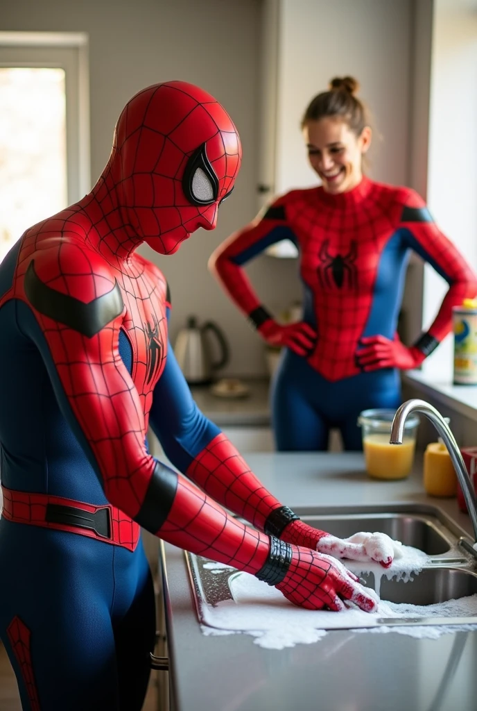 This photo shows a light-hearted and somewhat humorous scene in which Spiderman, a character known for his menacing appearance, stands with a mother and her child. The mother is smiling warmly, and the child is smiling as he brushes his teeth. Spiderman, with his big, toothy smile, is leaning in close, holding a toothbrush, adding a fun twist to an otherwise normal family moment. The contrast between Spiderman's frightening appearance and the everyday activity of brushing teeth creates a quirky and memorable image.