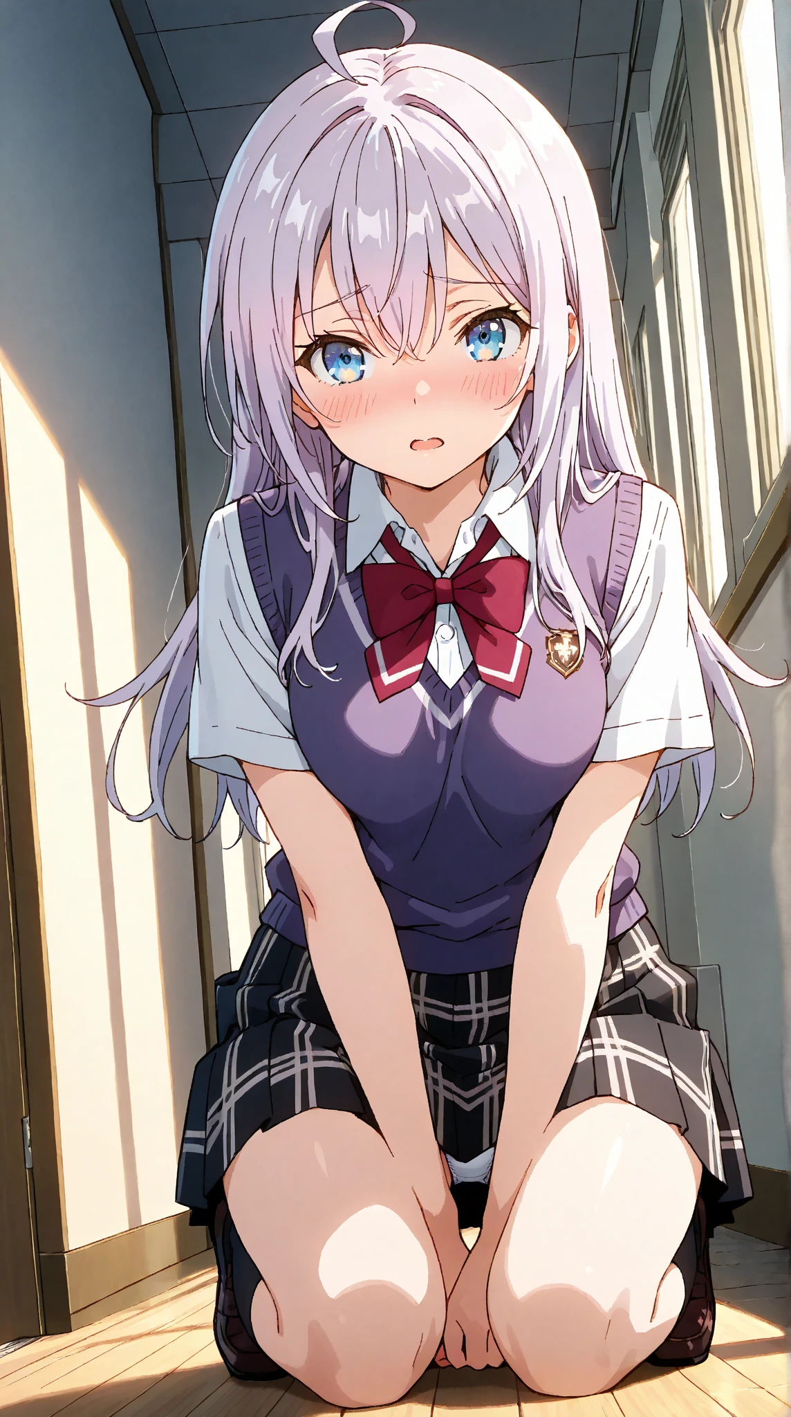 (masterpiece, best quality, ultra-detailed), 1girl, purple eyes, blonde hair, dark skin, twintails, looking at viewer, sitting, School girl uniform, School classroom, Sitting on table