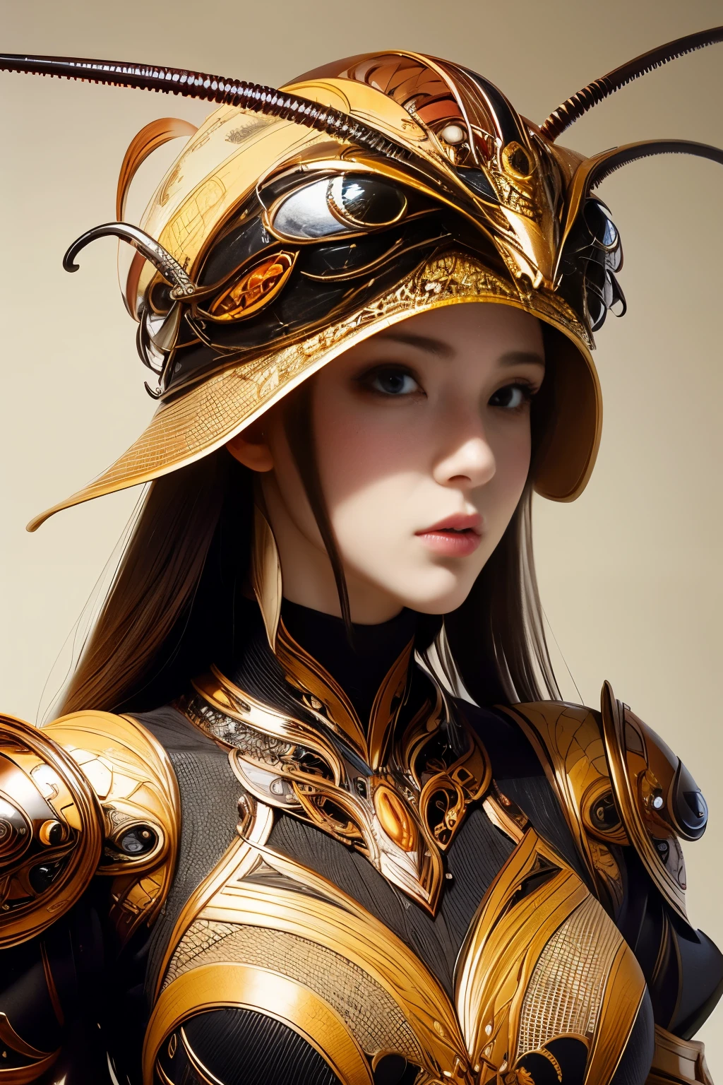 (High quality) , (masterpiece) , (detailed) , 8K , Hyper-realistic illustration of a girl with distinct Japanese features , wearing an intricate cockroach-inspired attire . The upper body portrait showcases the unique fusion of insect characteristics with delicate feminine aesthetics . The subject's intense gaze draws viewers in , while the intricate details of her attire , from glossy exoskeleton-like armor to delicate antennae , create a captivating and unusual portrait that blends beauty and unconventional inspiration .