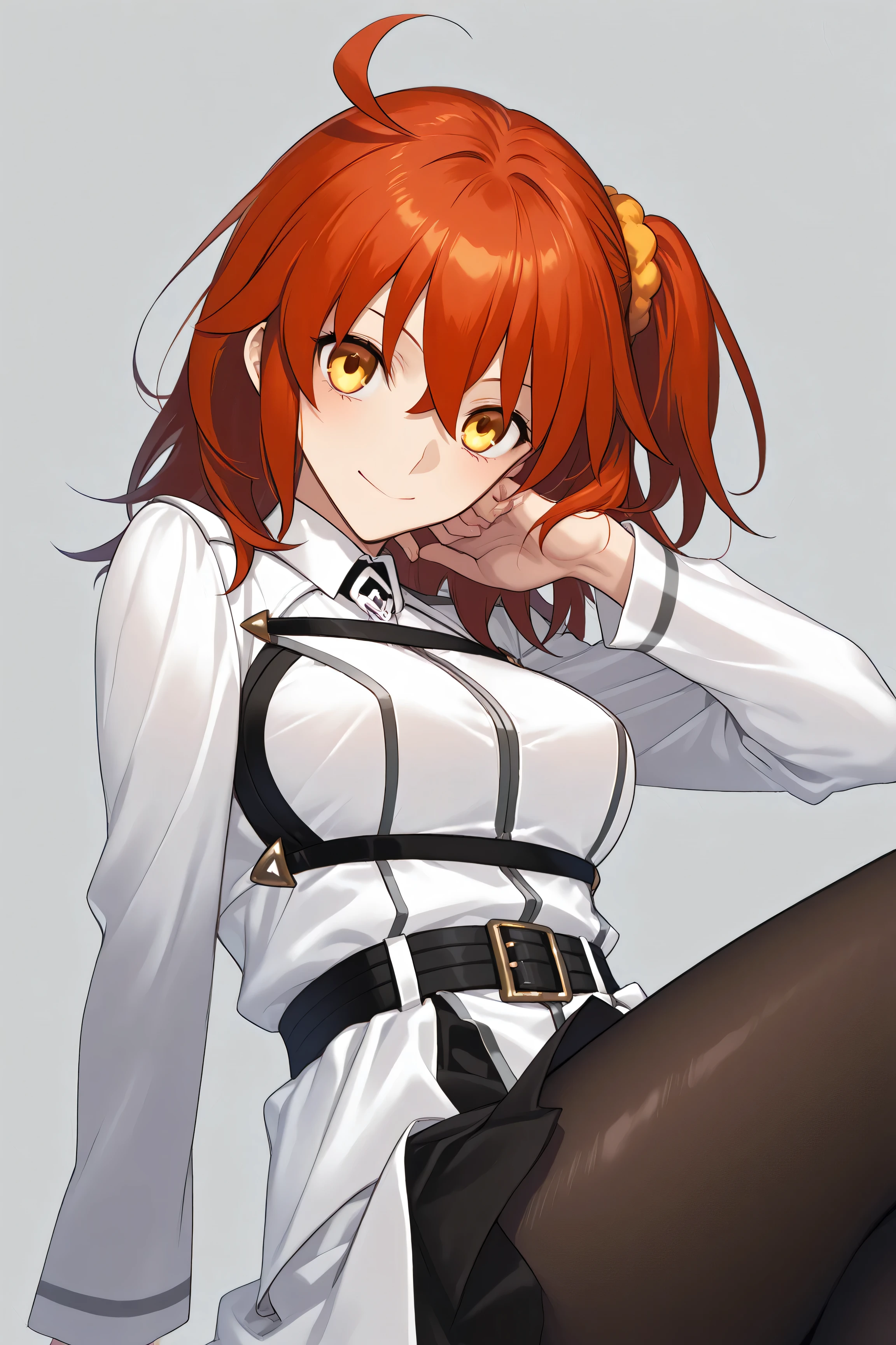 最High Quality、masterpiece、High Quality、newest、high resolution、detailed face、Beautiful picture、smooth texture、Ritsuka Fujimaru、Of war、uniform、orange hair、golden eyes、pretty eyes、mature face、duel