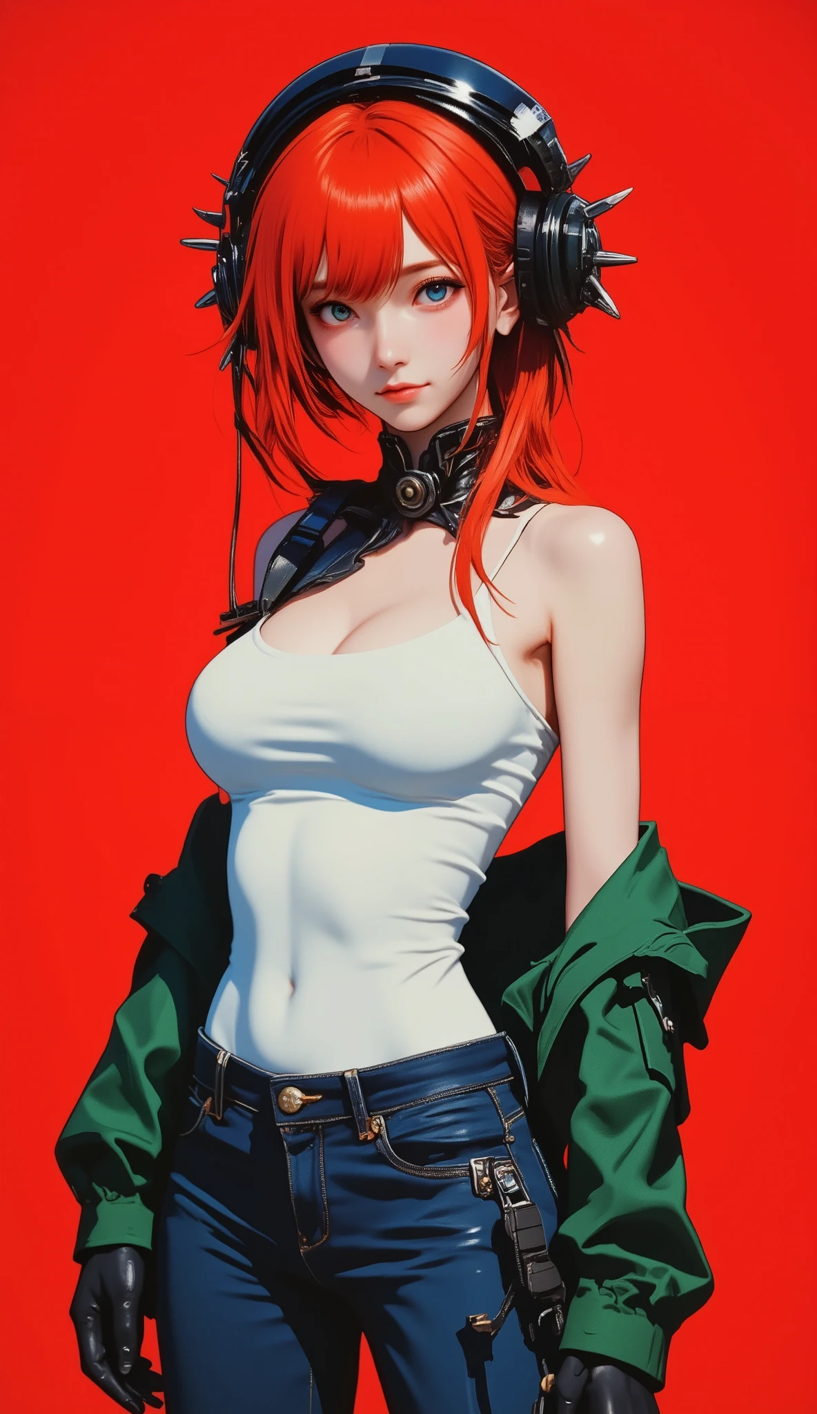 1 girl to improve Sa,solo,red background,Cowboy Shots, ,((Evangelion, Asuka Langley)),White Bodysuit,skinny jeans,sci-fi novel,green jacket,open jacket,wet with Love Liquid,glteeth helmet,teeth, score_9,score_8_up,score_7_up,,8k,1 girl to improve Sa,solo,