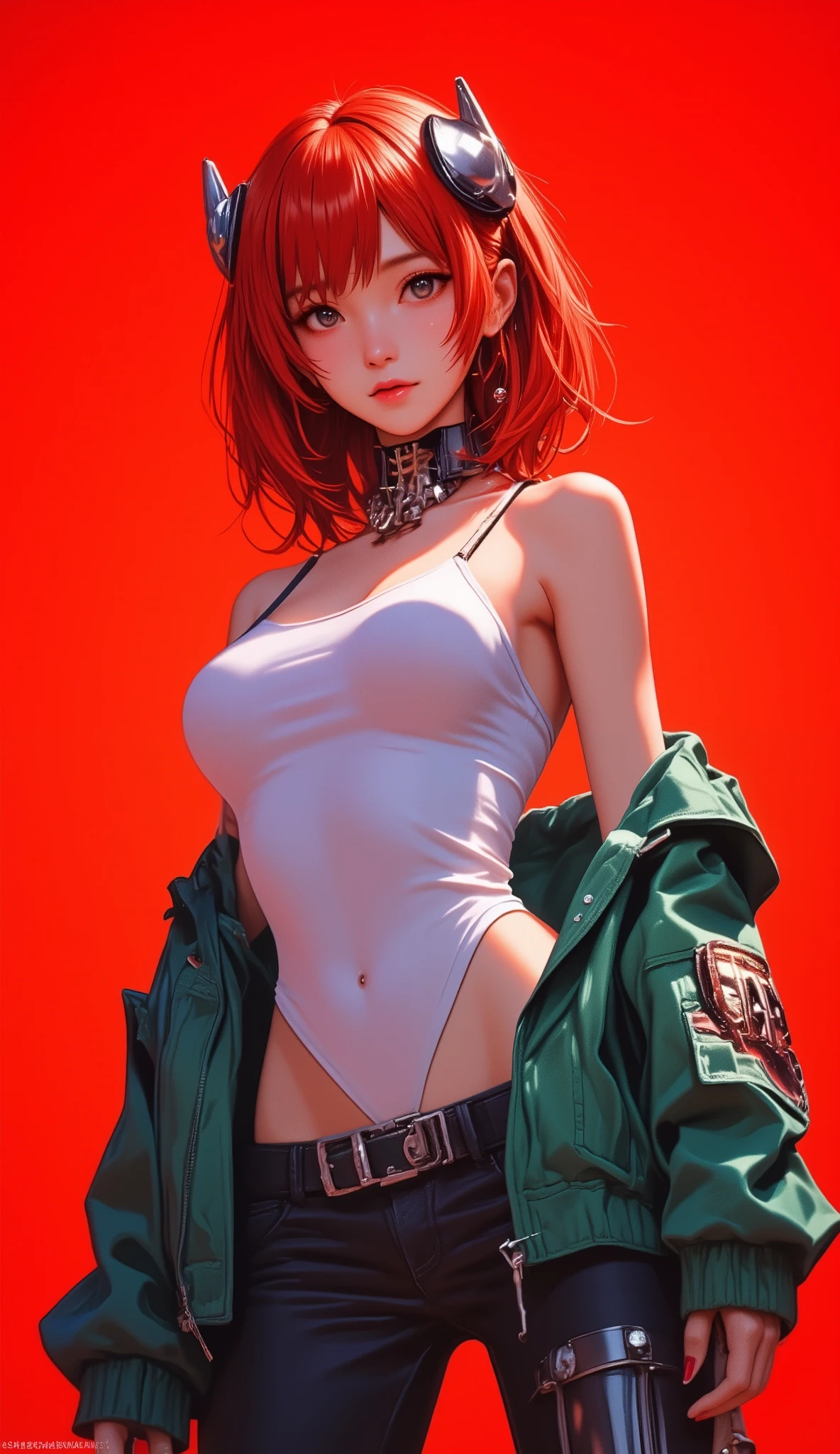 1 girl to improve Sa,solo,red background,Cowboy Shots, ,((Evangelion, Asuka Langley)),White Bodysuit,skinny jeans,sci-fi novel,green jacket,open jacket,wet with Love Liquid,glteeth helmet,teeth, score_9,score_8_up,score_7_up,,8k,1 girl to improve Sa,solo,