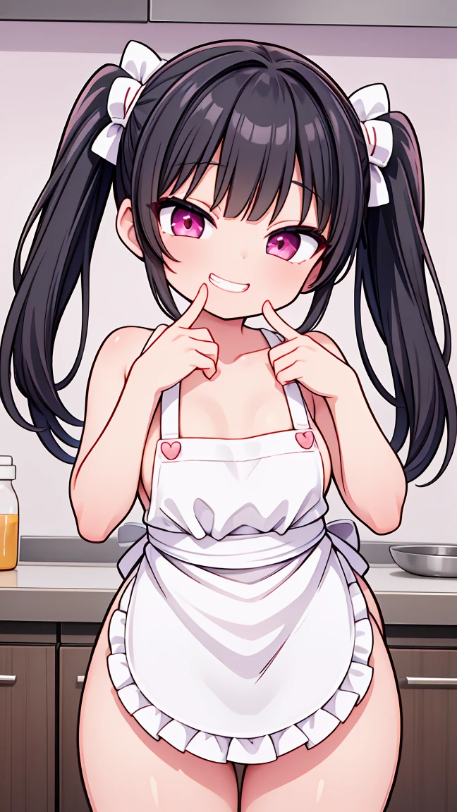 (8K, Highest image quality, highest quality, masterpiece), detailed face, (()), ((girl)), (little curve), black hair, short twintails, pink eyes, ((very small bust)), (flat bust), (naked apron), cowboy shot, put your hand on your mouth, kitchen background, ((very blushing)), ((detailed hands and fingers)), viewer perspective from below, (blush) ,(((kid))),(((don't wear anything))),(((show her Vagina!!!))),(((show her breasts))),(((small breasts))),(((nude))),(((loli(((leaning-forward))),(((Lay up)))