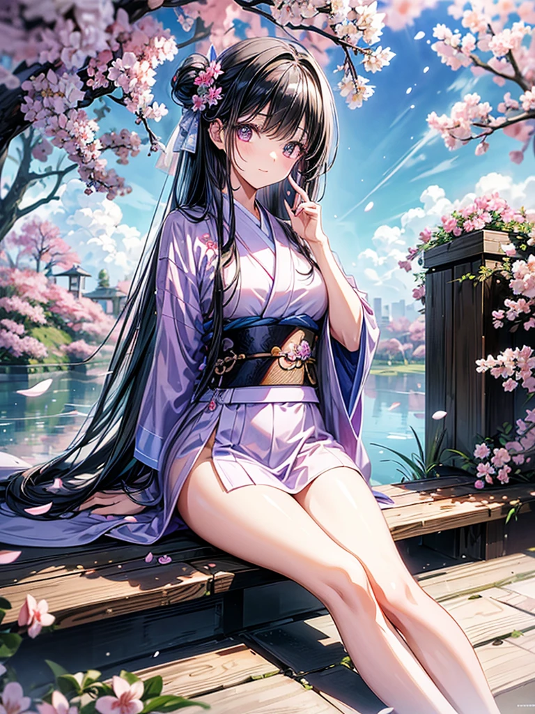 Girl with long black hair with purple endings, purple eyes, perfect face, purple robe and purple shoes with a japanese tree in the background