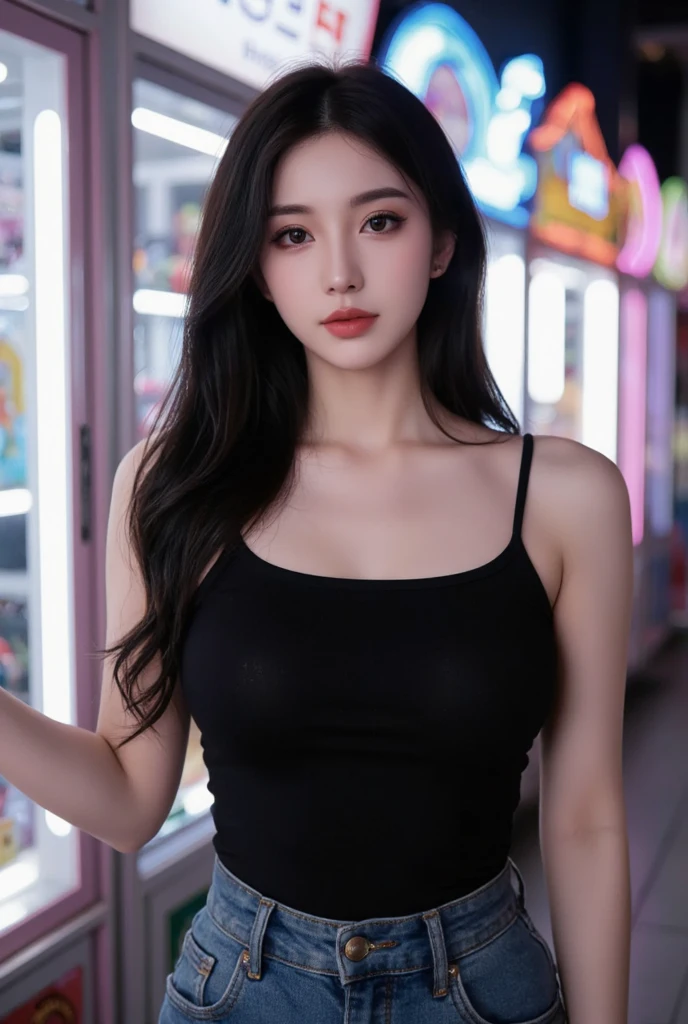 close-up of beautiful South Korean female, long hair, straight hair, flat bangs hair, 36 inch breasts size, pink strapless tube top, tight white short legging pants, in the Seoul city, night, seeing billboard is behind, Seoul city background, UHD