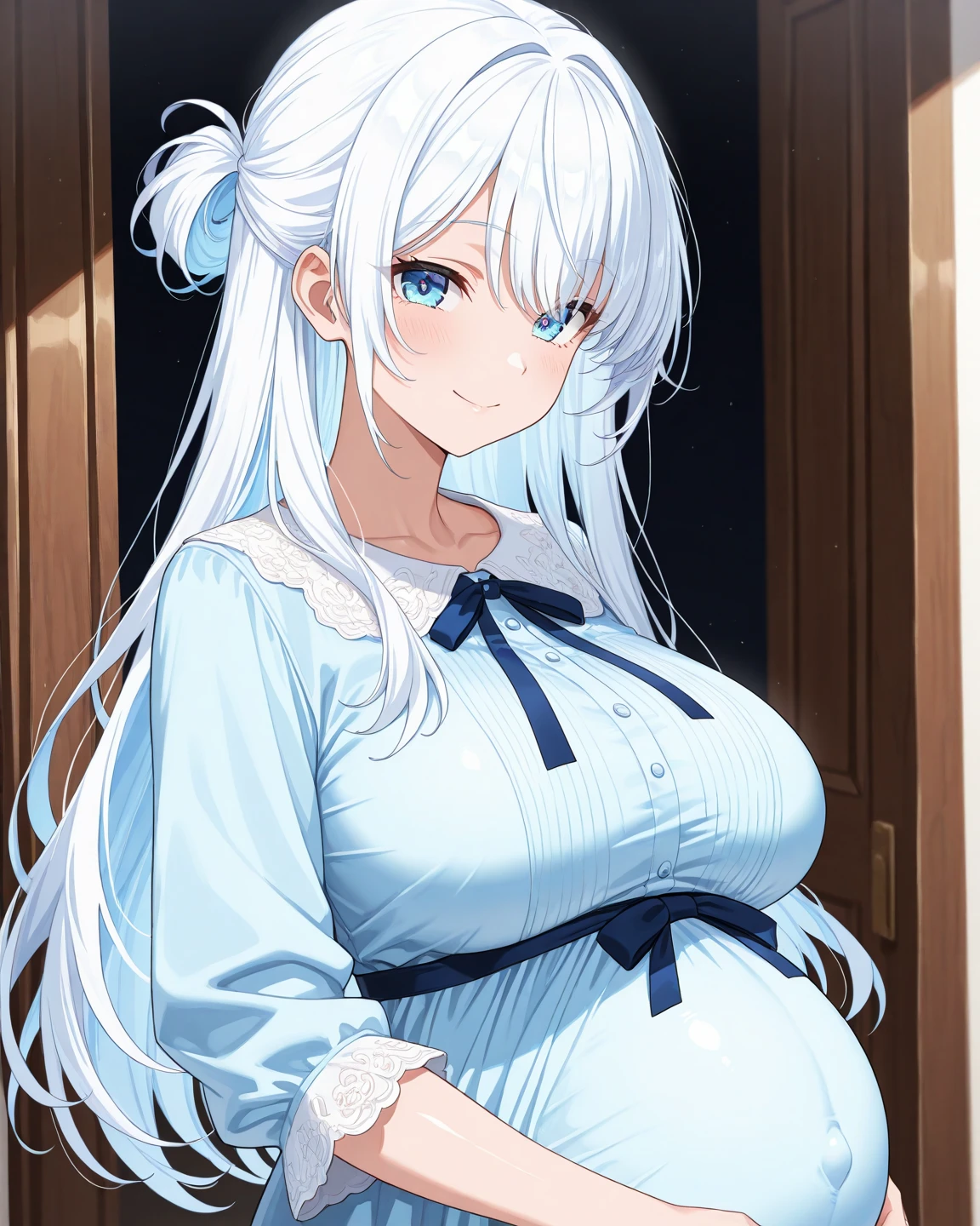 {{{{masterpiece, Practical, Extremely detailed, Intricate details, Clear focus, 8k, high resolution, Depth of Field, absurd, High quality facial shadows, Dynamic Shadows, Movie Lighting, Perfect lighting}}}}, best quality, Asian quality, {For the audience}, {Full body display} {Front view}, {{Put your hands behind your back}}, {Solitary}, Beautiful young girl, {{{Extremely detailed girl, Perfect anatomical structure, Perfect body}}}, {{{Beautiful and delicate hip-length hair,Vibrant white}}}, {{{Thick, multi-layered hair}}}, {Detailed cat ears}, {{{Beautifully detailed soft and furry cat ears}}} {{Beautiful and delicate facial structure}}, {{Detailed beautiful face}}, {{Sexy face}}, {{Cute face}}, Slender facial structure {{Delicate face:1.33}}, {{Beautiful and delicate eyes}}, big eyes, {{{{Detailed blue eyes}}}}, {{{{Highly detailed glowing blue topaz eyes}}}}, {{{{vibrant eye colors}}}}, {{Detail of medium boobs}}, {{Breast separation}}, {{Slender arms}}, {{{{Delicate and delicate fingers}}}}, {{Slim waist}}, {{Slender legs}}, winter , {{{beautiful-detailed white fluffy winter school jacket}}}, {{{Dark Blue Knitted Check Miniskirt}}}, {{{beautiful-detailed white knee-high gyaru winter school socks}}}, {{{Fluffy Spice Boots with Beautiful Details}}}, {{Walking in the forest at midnight on a snowy day,There are snowflakes all around,The moonlight is bright}},(Pregnant,Huge breasts:1.8)