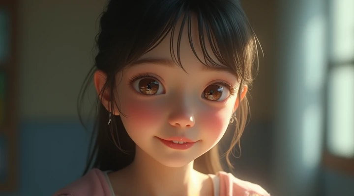 a cute young girl, detailed face, big eyes, long eyelashes, small nose, plump lips, beautiful skin, rosy cheeks, child-like innocence, angelic expression, soft lighting, warm colors, (best quality,4k,8k,highres,masterpiece:1.2),ultra-detailed,(realistic,photorealistic,photo-realistic:1.37),detailed painting,soft focus,natural lighting,pastel colors,cute,adorable,innocent