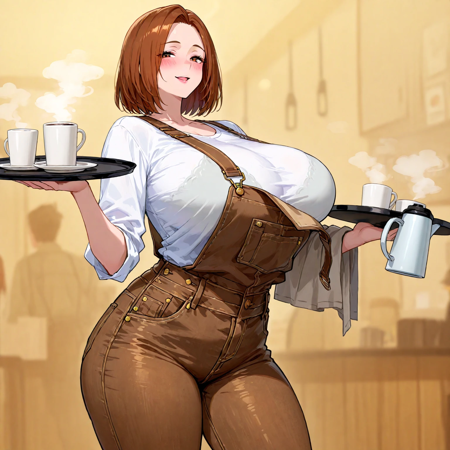(masterpiece, best quality, highres, detailed, realistic:1.2), american woman, ager, young, detailed face, beautiful face, (gigantic breasts:1.7), (bursting breasts), (pleased expression:1.3), thin, slender, dungarees, barrister blonde braided hair, confident, open smile, customers staring, coffee shop,