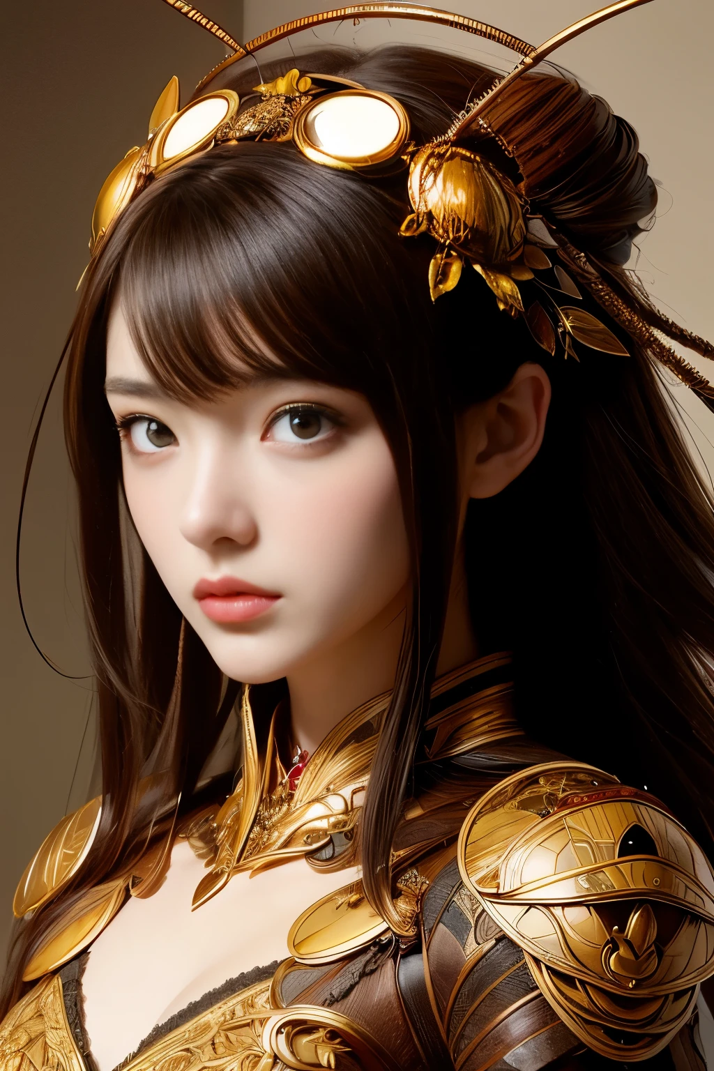 (High quality) , (masterpiece) , (detailed) , 8K , Hyper-realistic illustration of a girl with distinct Japanese features , wearing an intricate cockroach-inspired attire . The upper body portrait showcases the unique fusion of insect characteristics with delicate feminine aesthetics . The subject's intense gaze draws viewers in , while the intricate details of her attire , from glossy exoskeleton-like armor to delicate antennae , create a captivating and unusual portrait that blends beauty and unconventional inspiration .