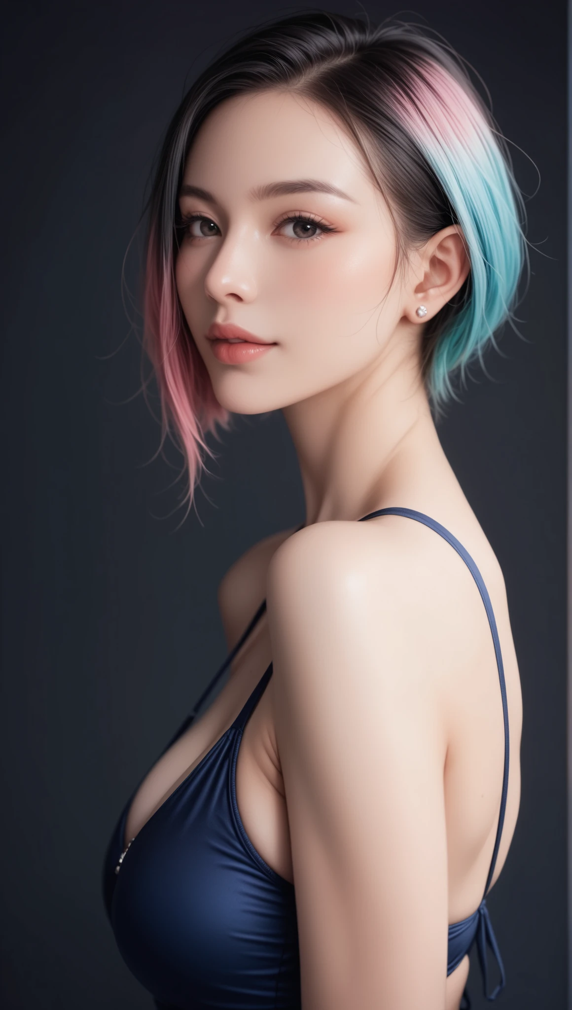 Mujer anime en la ciudad nocturna con colored lights shinedo en su piel, short pastel blue white and pink hair, pastel purple eyes, huge breasts, deep neckline, pastel dyed hair, naturally white hair, very detailed background, 8K Wallpaper, (detailed face and eyes.:1.4), (Detailed hair:1.3), (warm lighting:1.5), (dynamic angle), (dynamic pose), (dynamic background), (visceral experience), intense emotion, very detailed eyes, (darkness), (RGB LED lighting), short hair, naturally white hair dyed pink blue and green, colored lights shine, cyberpunk runners, skimpy suit, exposed abdomen, hipsters altos, red eye shadow.
