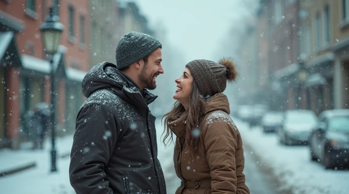 Award-winning original photo，(2 people), Wild muscle man, (40 year old dad:1.1), beard, Burly, Macho, Jacket, Big bulge，Excellent J8，Smiling happily, One of the men wearing glasses, standing on a snow city streets, Cold atmosphere, snow, Embrace, detailed, charming, Close-up of face，Perfect hand details