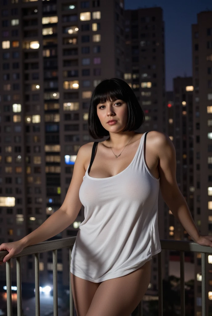 score_9, score_8_up, score_7_up, score_6_up, score_5_up, score_4_up, realistic style, photo, photorealistic, high detail, portrait of a charming milf, 45 years old, black hair, bob haircut, brown eyes, glamorous makeup, black eyeliner, plump lips, red lipstick, curvy body, big , very wide hips, white tank top, no panties, naked pussy, sitting on the roof of a skyscraper, showing her pussy, looking at viewer, sunny day, tag1, tag2