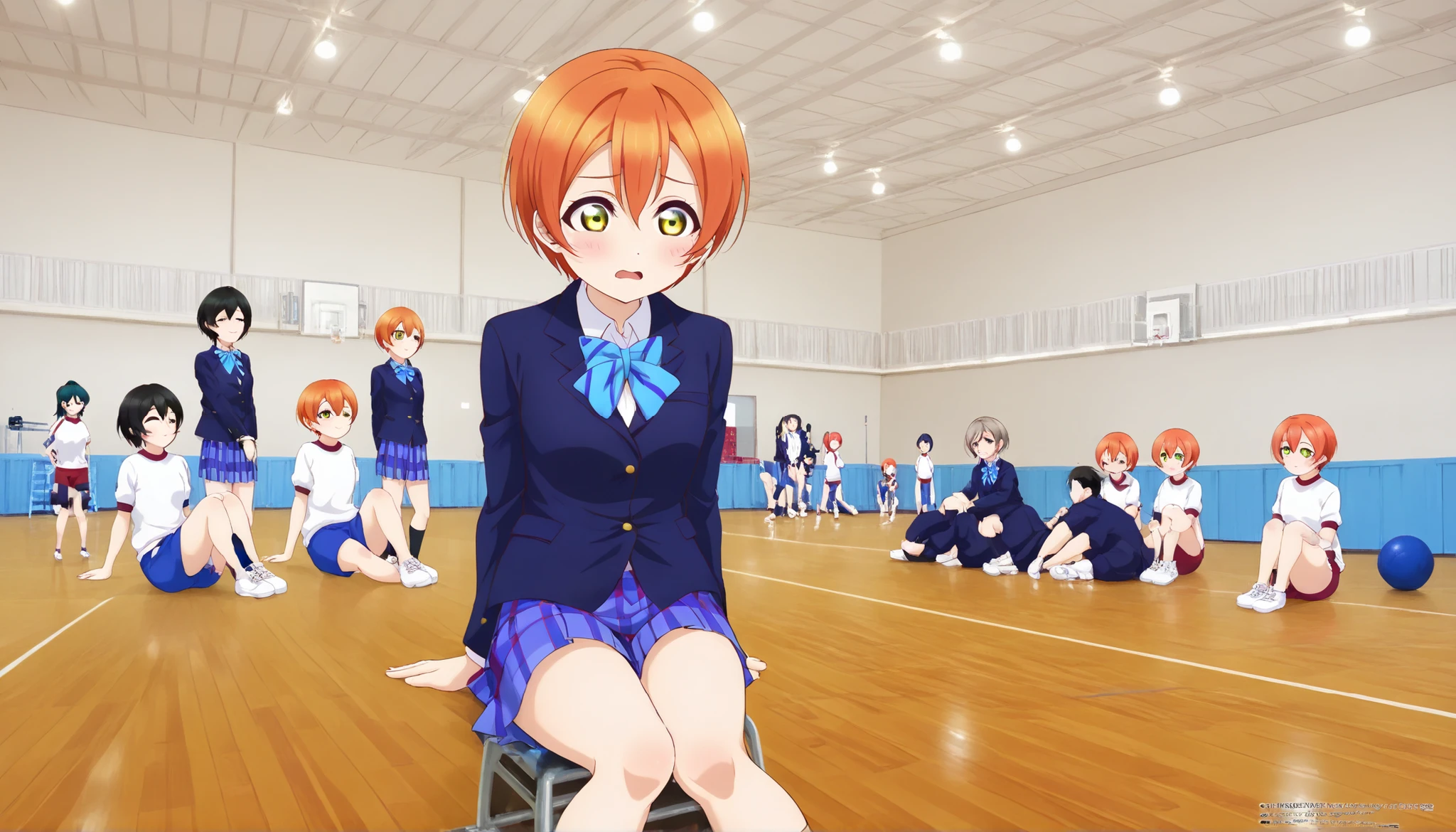 1girl,unwellness hoshizora rin, striped, short hair, blush, otonokizaka school uniform, lovelive_rin black blazer, blue plaid skirt, blue stripe bowtie, orange hair, very short hair, hair between eyes, yellow green eyes,sitting on the floor grasping one's knees (as in a gym class),score_9, score_8_up, score_7_up, rating_safe, masterpiece, best quality, absurdres, unity 8k wallpaper, official art, official style, source_anime, uncensored, game cg, megami magazine,taiikukan, indoors, sportswear, multiple girls, indoors, photo background, shorts, 6+girls, ceiling light, black hair, ceiling, stage, wooden floor, gym uniform, sportswear,Gymn4s3,