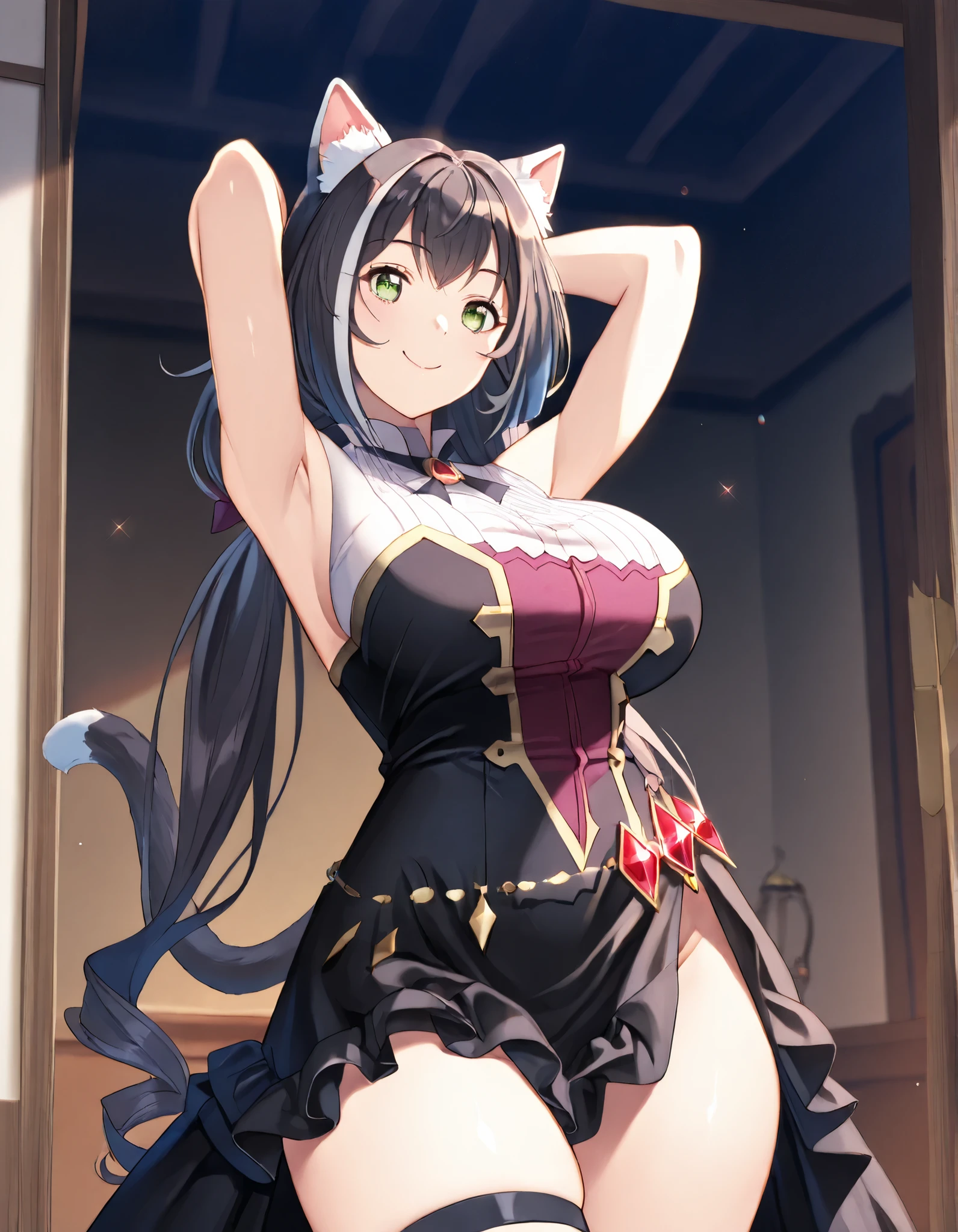 Karyl、long hair, streaked hair, black hair, white hair, low twintails, green eyes, cat ears, cat tail、big breasts, thick thighs, wide hips, mature ,smile, black dress, elegant dress, arms up, armpit, ,best quality Best Quality Official Art Best quality, best quality ( best quality )、(Nonsense)、( very detailed)、( very beautiful way to hold ) information best quality 、 Ultra-fine、Most HD、 very detailed、masterpiece、 best quality 、{{ beautiful face and attention to detail}}、cheek、 Ecstatic face、 （masterpiece））、（ best quality ）（ very detailed）、（ very aesthetic）( best quality )、(Nonsense)、( very detailed)、( Very Beautiful )