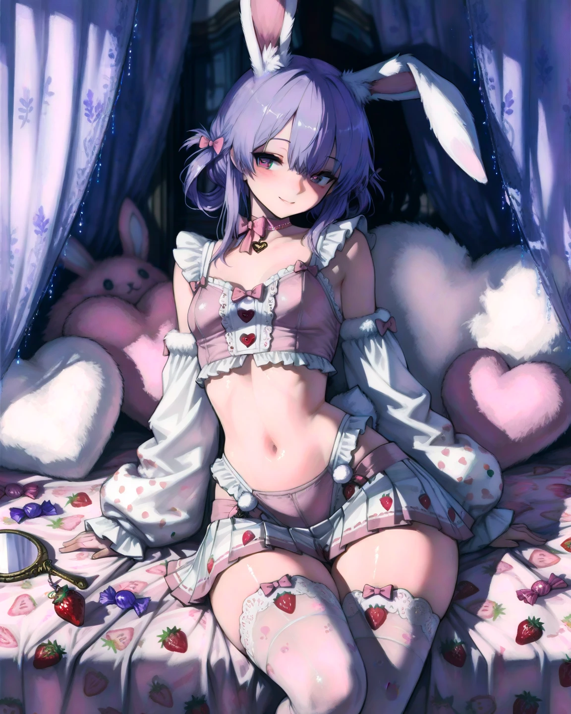 ((8K, Best Quality, Masterpiece: 1.3)), Ultra High Resolution, (One Girl, Solo), (Color Changing Eyes, Highly Detailed, Expressive Sparkle, Glitter, Glowing Eyes), Highly Detailed Eyes, Highly Detailed Face, Random Hair, ((Pastel Colors)),A playful young woman with pastel lavender hair in twin buns sits on her bed in a cozy room on a lazy afternoon. She is cosplaying as a sassy bunny girl, also wearing a black strapless leotard, fishnet stockings and rabbit ears. The camera captures her from the side as she playfully winks at the camera, a teasing yet seductive expression on her face. Her room is softly lit with natural light, with stuffed animals scattered here and there and some cute posters on the wall, creating a mix of innocence and seduction.