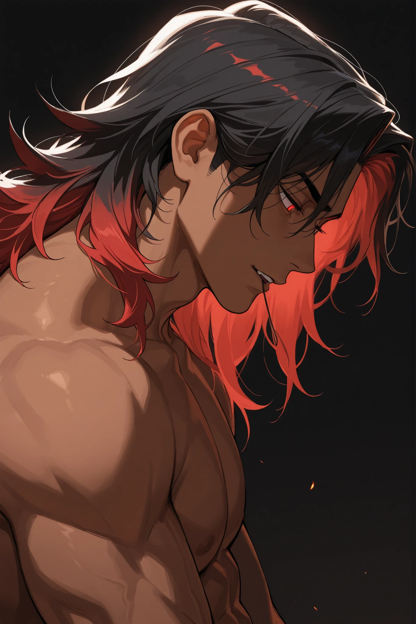 1 man, very handsome face, tall, medium length hair, middle part hair, wolfcut hair, messy wavy hair, black hair, one line of red hair, glowing red eyes, seductive eyes, brown skin, thick neck, muscular neck, full head, side view, looking down, leaning down, mouth open, plain black background, detailed, 4k, hd, masterpiece