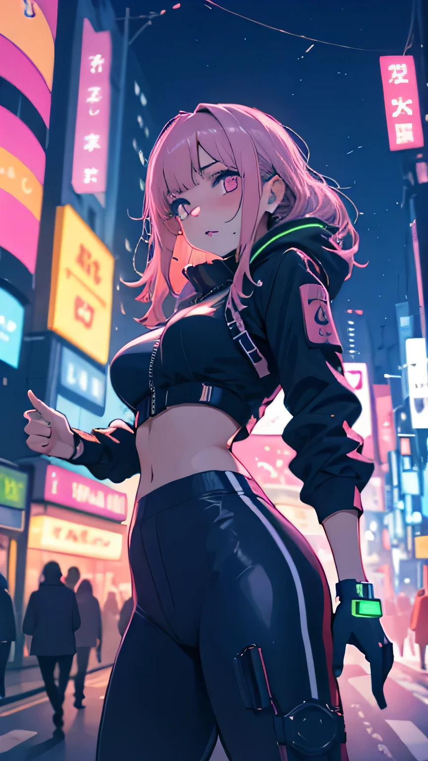 1 girl cyberpunk Colourful and tight cyberwear Night City neon street Laser