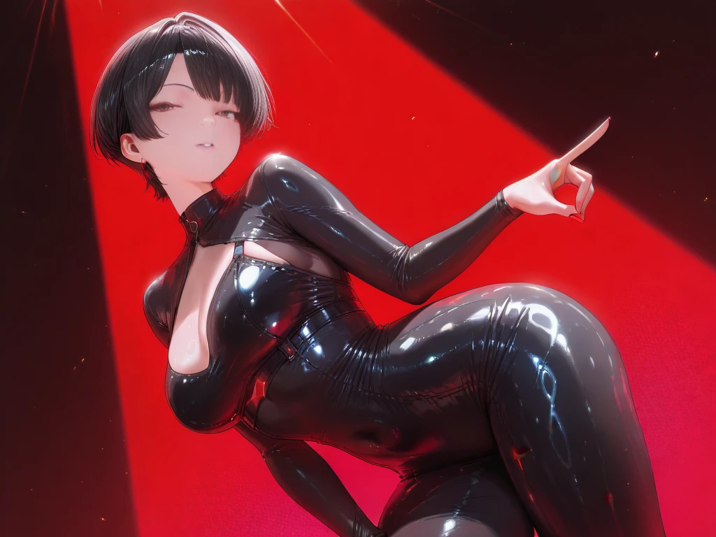 Highest quality、High resolution、Detailed Background、Beautiful Face、High detail、(Perfect Anatomy, Perfect Style)、(Detailed facial expressions)、(fine grain:1.2)、Teenage Beauty、One Girl、primary school, student, Cute black hair、Braided Bob, Braided, clear, deep blue eyes、Braided Ponytail, Braided bob cut, (Standing position with legs spread wide:1.4), ((shoot from below:1.5, looking at viewer)), (Tight latex suit:1.5, No sleeve:1.5)、(armpit:1.5), (large breasts:1.2, pointy breasts:1.4), Outdoor swimming pool, Nothing in my hands,