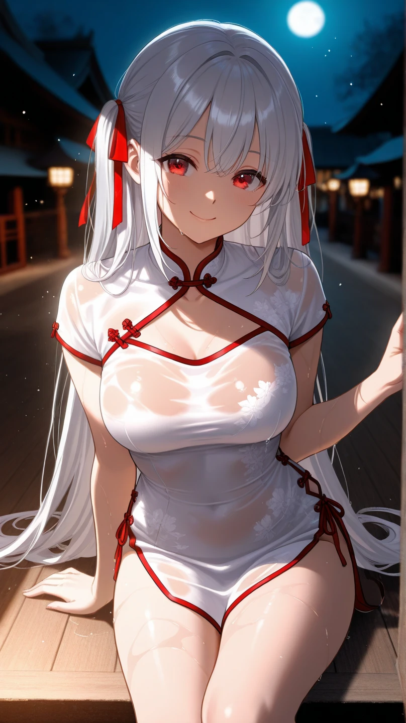 1girl, (((dark skin))), facing forward towards viewer, huge breasts, ((nipples)), ((qipao clothing)), light facial blush, (pastel colors:1.5), (thighs to head in view), ((exposed breasts)), unblemished, ((chest facing towards viewer)), ((sweet nipples)), ((succulent nipples)), aroused nipples
