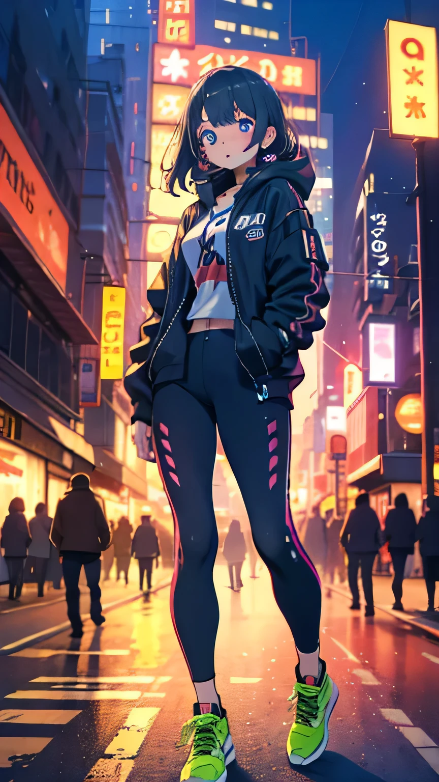 1 girl　cyberpunk　Colourful and tight cyberwear　Night City　neon street　Laser