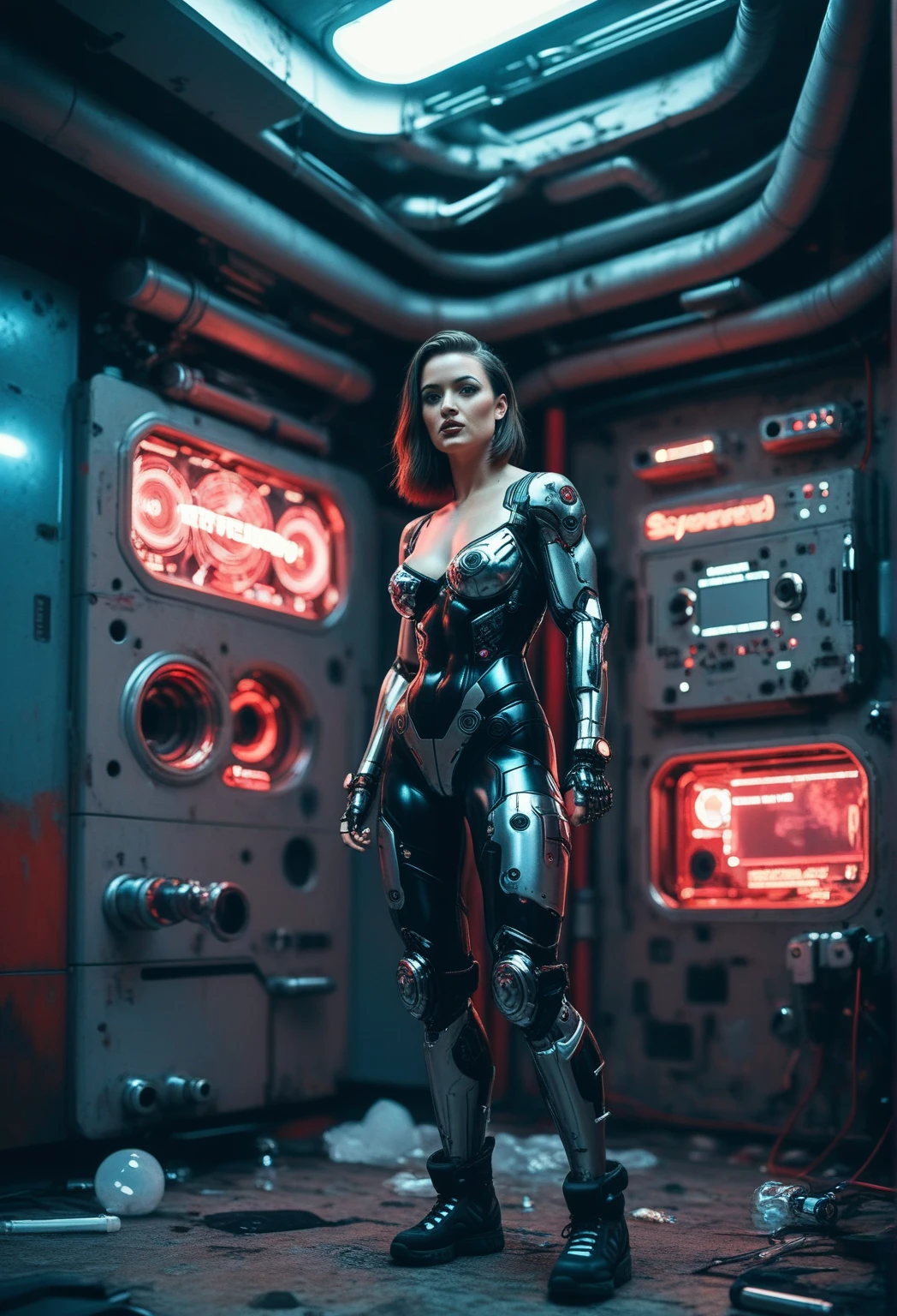 There's a cyborg woman (8k) wearing a futuristic leotard (best quality) standing in a cyberpunk city alley at night, darksynth aesthetic, red neons, haze, foggy night, ultra detailed, photorealistic, (1girl, solo, alone), large-breast:1.2 slim body, cleavage:1.1, (black sunglasses), (((she raised a pistol:1.8 and shot the viewer))), dynamic pose, (((half-body thigh level medium shot))), cinematic lighting, lens flare, ray tracing.