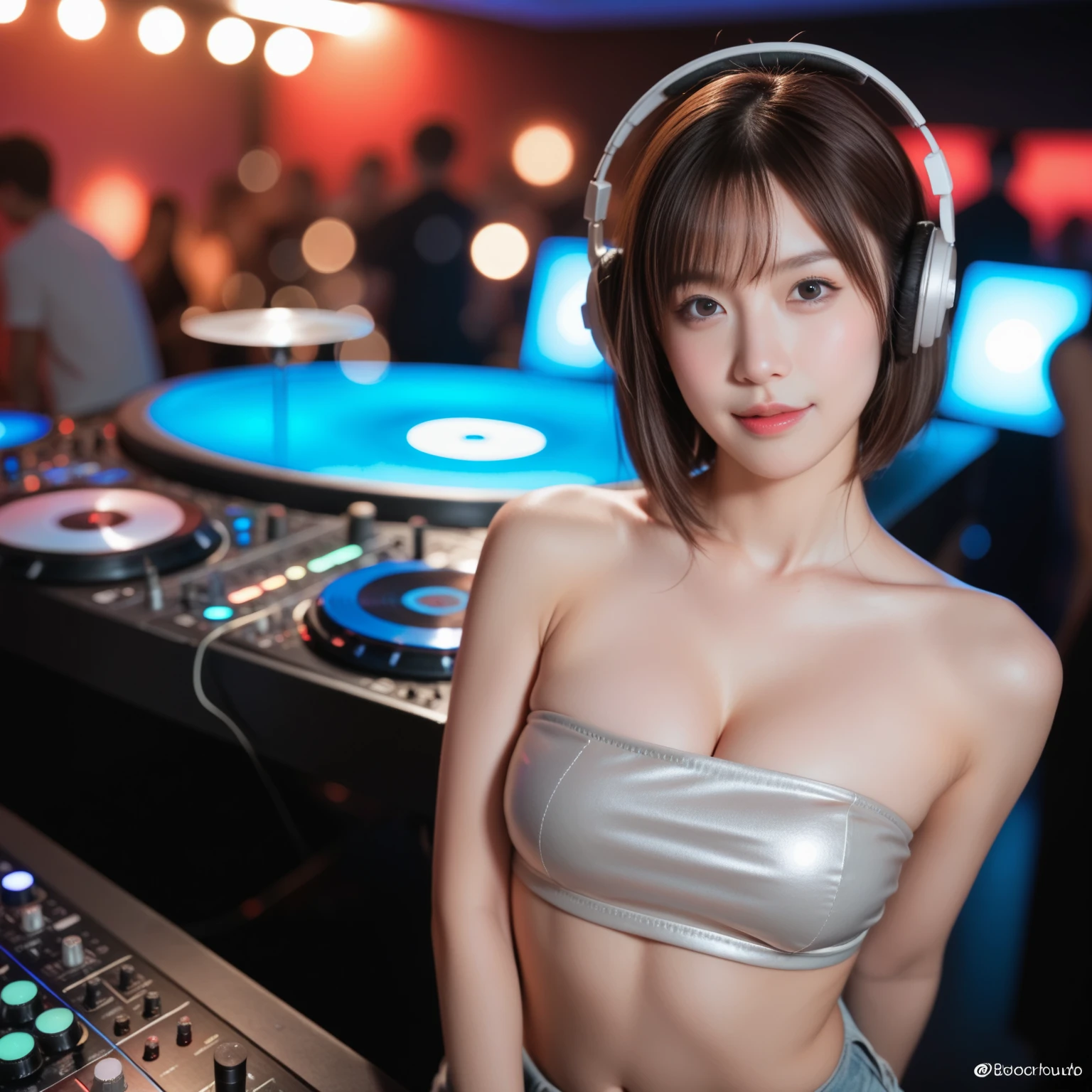 Sexy woman at a festival, fog, neon colors, headphones, DJ