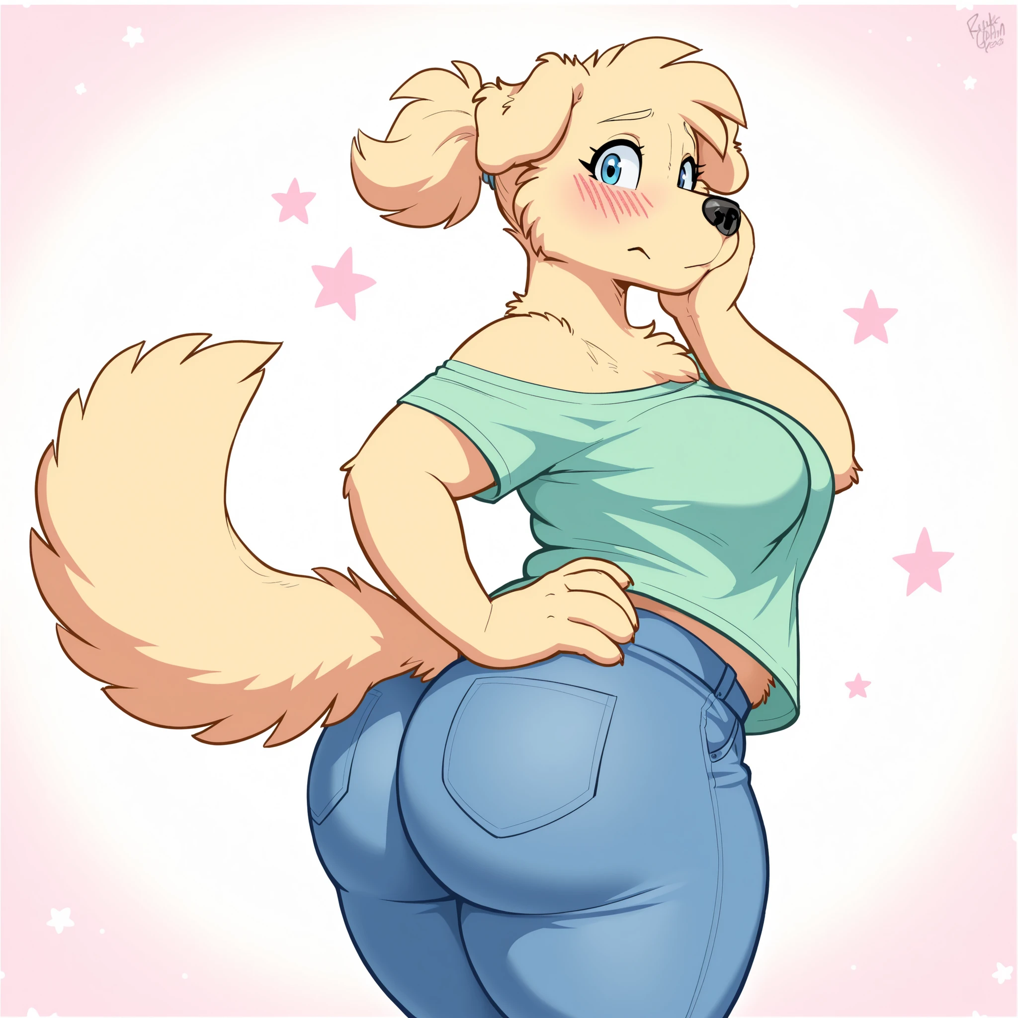 masterpiece, best quality, amazing quality, anthro golden retriever, 1girl, solo, simple background, pastel colours, wind, spring, stars, young, eyelashes, blue eyes, fur, medium breasts, wide hips, chubby thighs, thick arms, shy, blushing, looking at viewer, very short hair, wide body, fluffy neck, fluffy chest, chubby girl, fat, fat butt, green t-shirt, showing shoulders, narrow shoulders, hand at cheek, hand at hip, blue jeans, from behind, from side, (dog tail), short ponytail, short girl