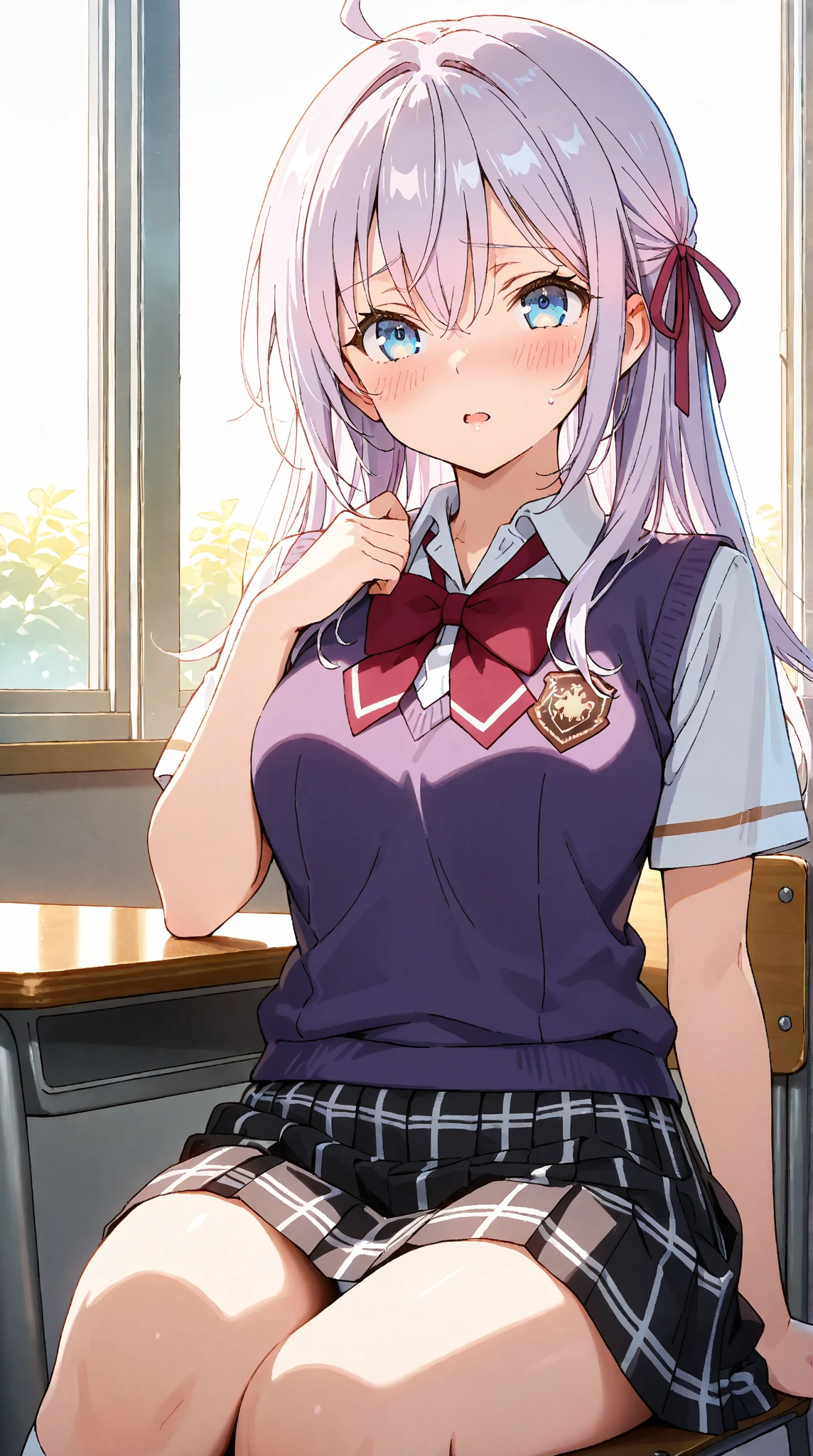 (masterpiece, best quality:1.2),illustration,8k,hd,1girl,solo,upper body,(portrait:1.2), blush, open mouth, shy, light purple hair, hair ribbon, hair between eyes, school uniform, bow, medium breasts, purple sweater vest, black skirt, socks, knee highs, short sleeves, plaid skirt, pleated skirt, white panties, hand on cheeks, Sitting, Sitting on chair, school table, indoor, classroom
