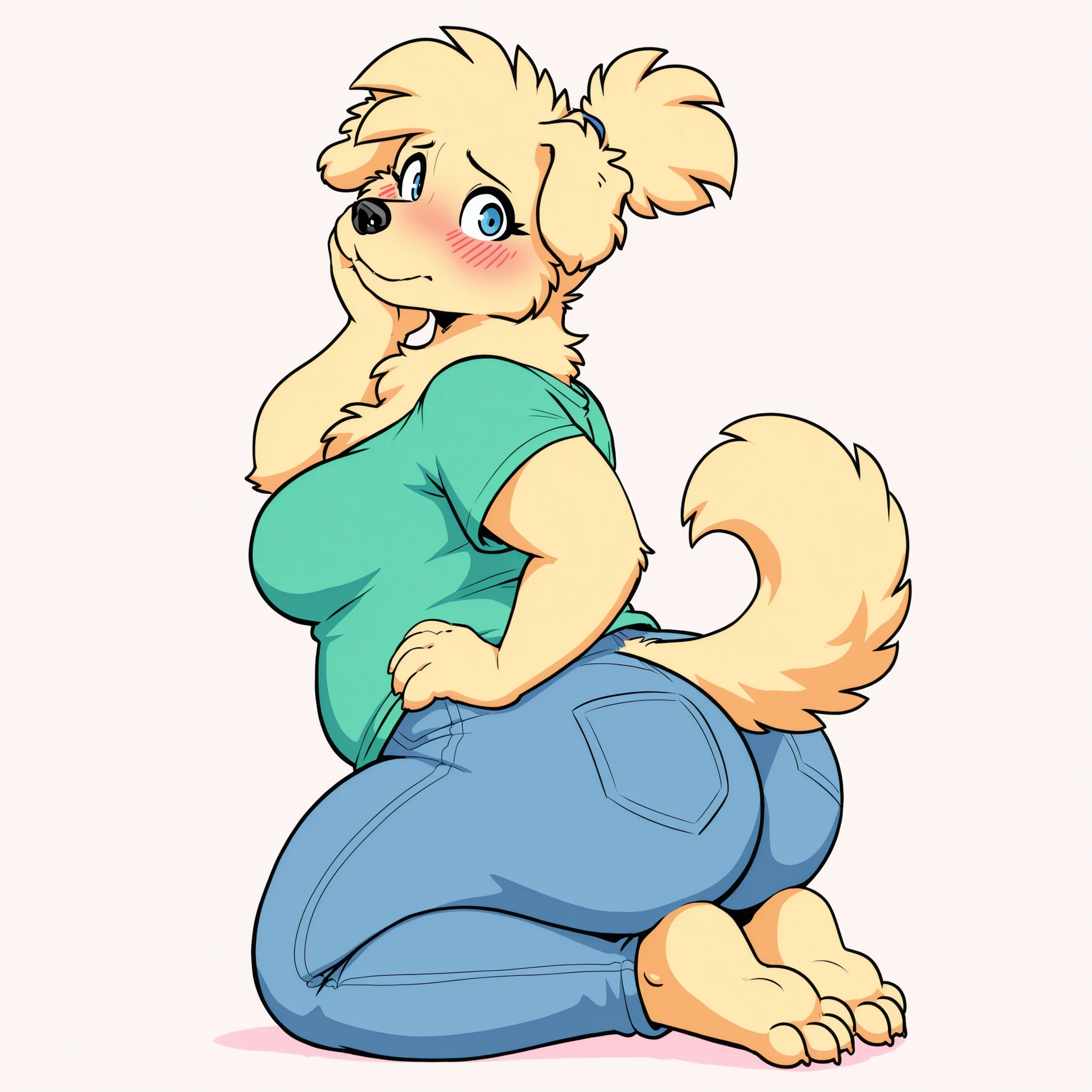 masterpiece, best quality, amazing quality, anthro golden retriever, 1girl, solo, simple background, pastel colours, young, eyelashes, blue eyes, fur, medium breasts, wide hips, chubby thighs, thick arms, shy, blushing, looking at viewer, very short hair, wide body, fluffy neck, fluffy chest, chubby girl, fat, fat butt, green t-shirt, showing shoulders, narrow shoulders, hand at cheek, hand at hip, blue jeans, from behind, from side, (dog tail), short ponytail, kneeling, barefoot, small dog paws, small hands