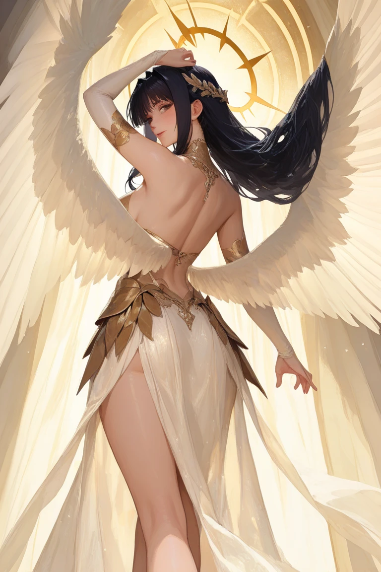 ((best quality)), ((masterpiece)), (detailed), perfect face, Character design, female, long brown hair, wearing a white angelic dress, blue green eyes, small frame, very skinny, detailed, best quality, no accesoires around the neck, no shoes, prominent collarbones, skinny arms, flat stomach, visible hip bones, full body