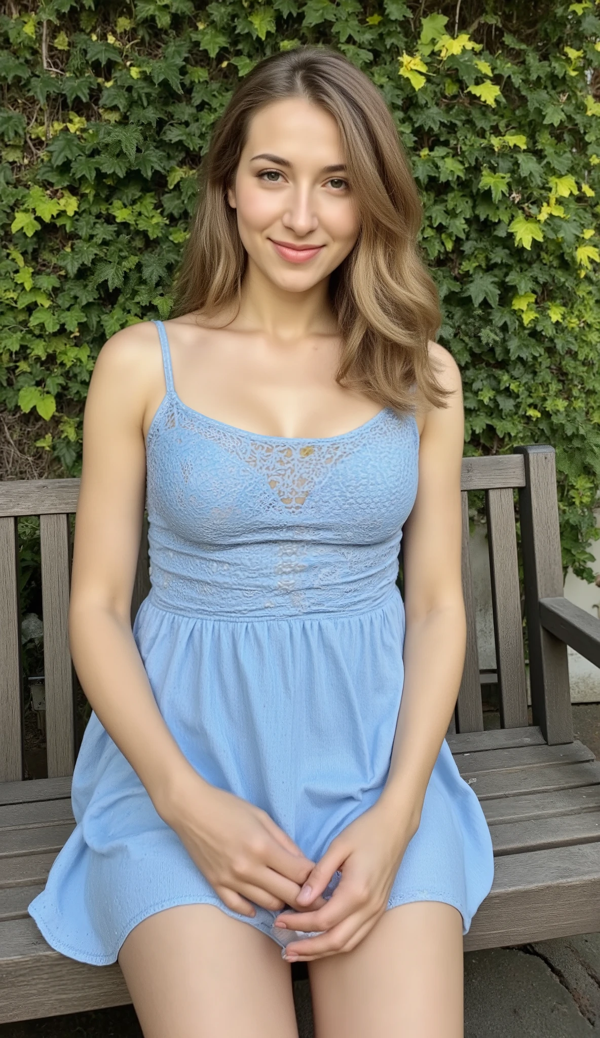 MODEL DESCRIPTION: A Ukrainian Woman with Medium Long Brown Hair. She is 162 cm tall, weighing 54 kg. This model has fair skin, fit physique, and flat chest.
Outfit: Blue lace sun dress with thin straps
Pose: Sitting on a garden bench, hands in lap, soft smile
Background: Ivy-covered wall with dappled sunlight


