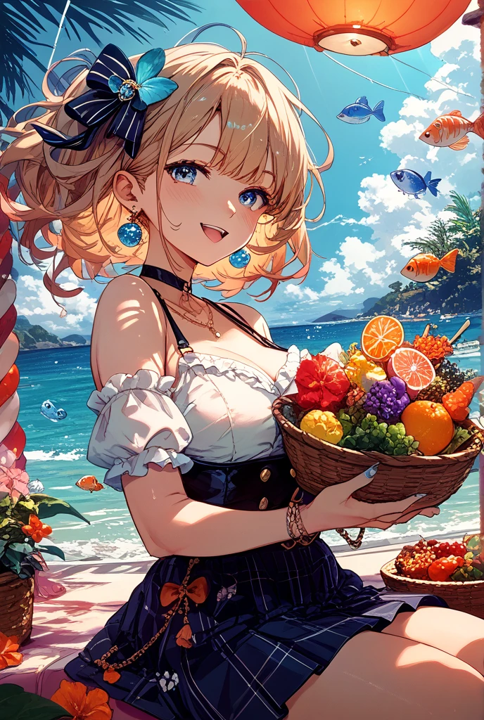 Kagamine Rin in its summer version, enjoying a sunny day at the beach. She is dressed in a beautiful and colorful swimsuit, Adorned with designs inspired by tropical fruits. Su cabello largo y azul ondula suavemente con la brisa marina, as she smiles radiantly under the warm sun. En una mano, Hold a delicious piña colada with a small umbrella, y en la otra, una tabla de surf que espera ansiosamente para adentrarse en las olas. A lo lejos, You can see palm trees and a breathtaking view of the blue and crystal clear ocean. The sky is adorned with white clouds and a bright sun that illuminates its entire surroundings.. The image captures the joy and fun that Rin experiences in this unforgettable summer moment on the beach..