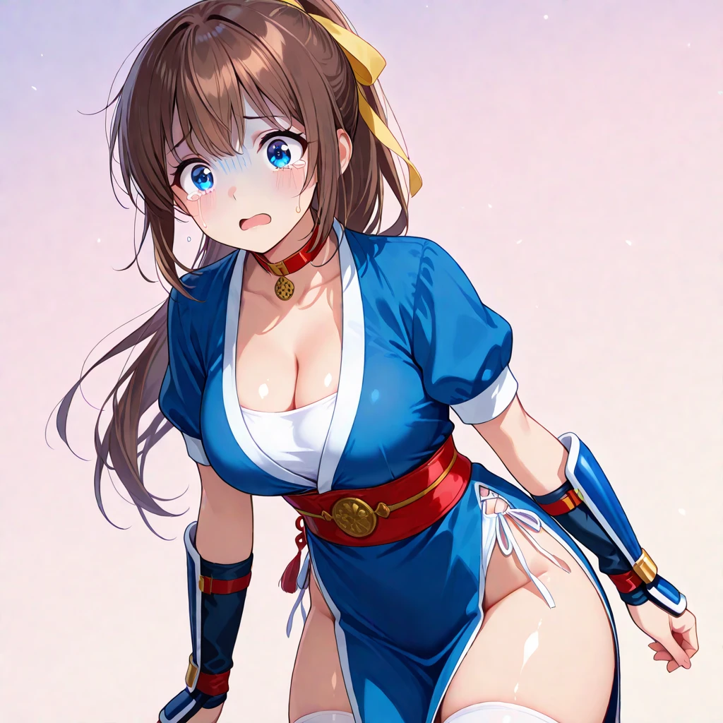 kasumi，((Very beautiful long brown ponytail，Beautiful brown eyes))，(8k，Realistic，RAW Photos，Highest quality:1.28)，Beautiful Face，Realistic lips，Beautiful and detailed hair，Charm，Intricate details，Very beautiful and detailed eyes，((blue japanese clothes，White thigh-high socks:1.33))，Rin々A funny expression，Intricate details，Perfect proportions，((Full moon and cherry blossom snowstorm:1.19))，((Trying to fight the enemy:1.25)),Detailed Pixels，Dynamic Angle，Professional Lighting