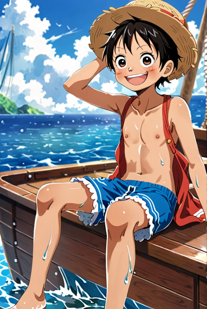 Draw a man sitting in the water in yellow shorts and a pink hat, made with anime painter studio, Knotweed Yuren, in the beach, Guviz-style artwork, monkey d luffy, drawn in anime painter studio, Fan art, rob rey and kentaro miura style, Knotweed Yuren，Abs