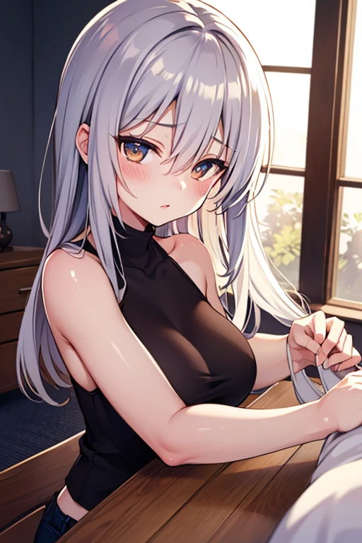 Best Quality, ultra-detailliert, Illustration, silber hair, Aimei,,embarrassed from，red blush，scratching your head，The long-haired，cute  face，beutiful breast，turned around，s ass，backs，crying how bright，barechested