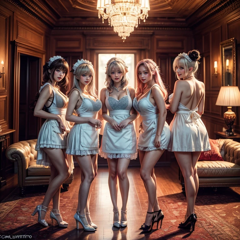 (Full Body of Extremely Detailed((Sexy Maid Group in a row:1.37))), KAWAII perfect face, Reflective Eyes, Detailed(Delicate Clothing textures), Correct Leg Line, Dynamic Joyful Expressions LifeLike Rendering, Specular Reflection, TopQuality 8K Ultra-detailed masterpiece (ProfessionalPhoto:1.37), (Acutance:0.8), (Luminism:1.28), (Renaissance art style), Colorful Light particles, ((Full body from side)), {MicroMini Skirt|Kissing|Breast Lifting|Undressing|Thigh Gap|AssFocus|(NakedApron with SideBoob)}, Radiant Fine Skin with Transparency, (Exposed:0.4), (Different types of Anime hair color){Pink Hair|Blue Hair|Platinum Blonde|Pure White Hair|Liquid Hair}, Perfect Lighting