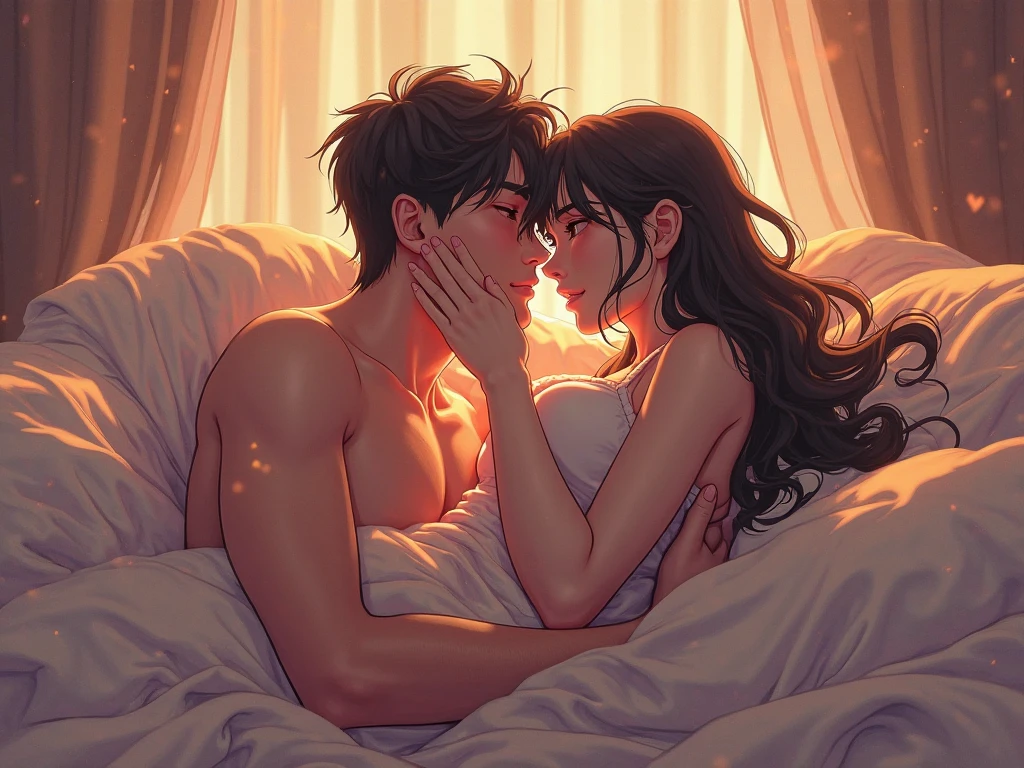 Create a anime style image. araffes man and woman laying on a bed together, couple on bed, lovers melting into bed, very perfect position, posing in bed, passionate pose, laying in bed, sexy dominant pose, sexy photo, laying on a bed, intimate holding close, various seducing pose, man grabbing a womans waist, he holds her while she sleeps