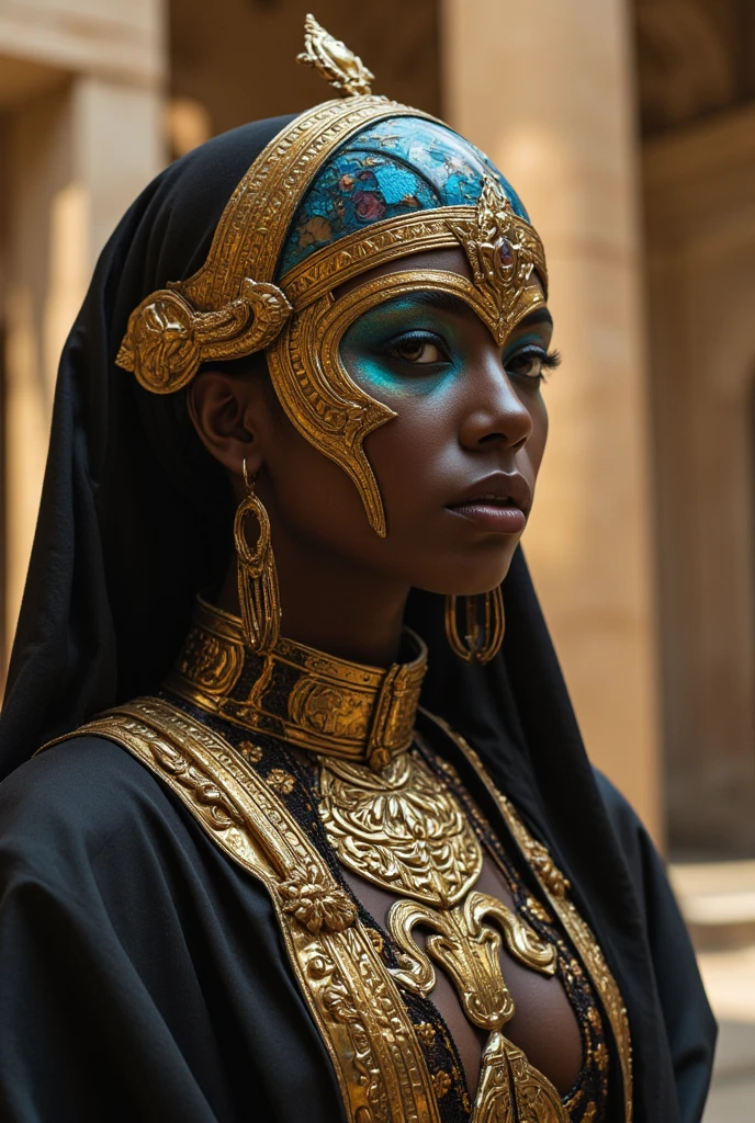 (Hyperreality: 1.3), (Cinematic shooting: 1.3),  (Detail: 1.3), (Best quality: 1.3), (High resolution: 1.3), (complex details: 1.3), (refined details: 1.3), photography in the style of detailed hyperrealism oil painting portrait ,  Diaphanous nebulae helmet reveals nebulous cosmic luminescence. Astral chimerical entity in byzantine-esque regalia, obsidian and aureate hues, dynamic three-quarter shot. Sun-drenched dilapidated temple backdrop. Accentuate meticulous filigree and ethereal iridescence. Add palpable atmosphere, imbuing air with desiccated antiquity,intricate portrait