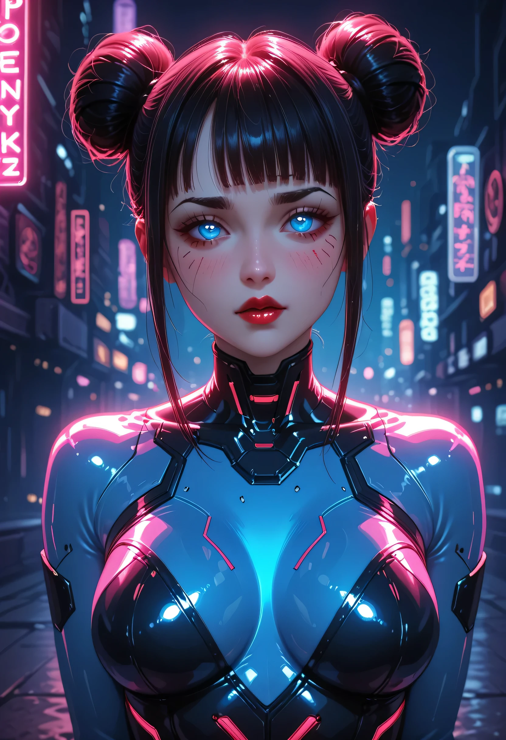 neon light in city, black bun kont top, black thin eyebrows, big glowing blue eyes, pink blush, bright red thick lipstick, perfect face, beautiful woman, medium breasts, (detailed eyes), ((cyberpunk)), neon light bodysuit