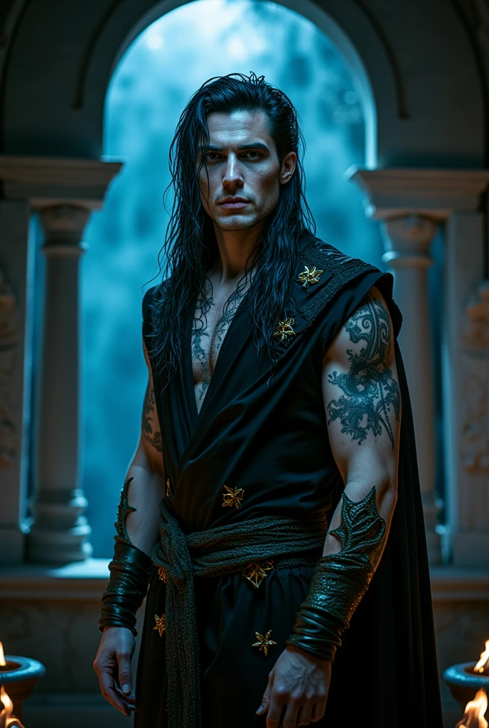 a young man in his twenties, he is from  fantasy world, he is king of moon, he is tall and skinny but very athletic, he has very long extremly black hair and deep ruby red eyes, he has tan that light almost silver like moon, he is handsome, very beautiful, baby face, breathtaking beautiful he is real king amazing and brave, strong
