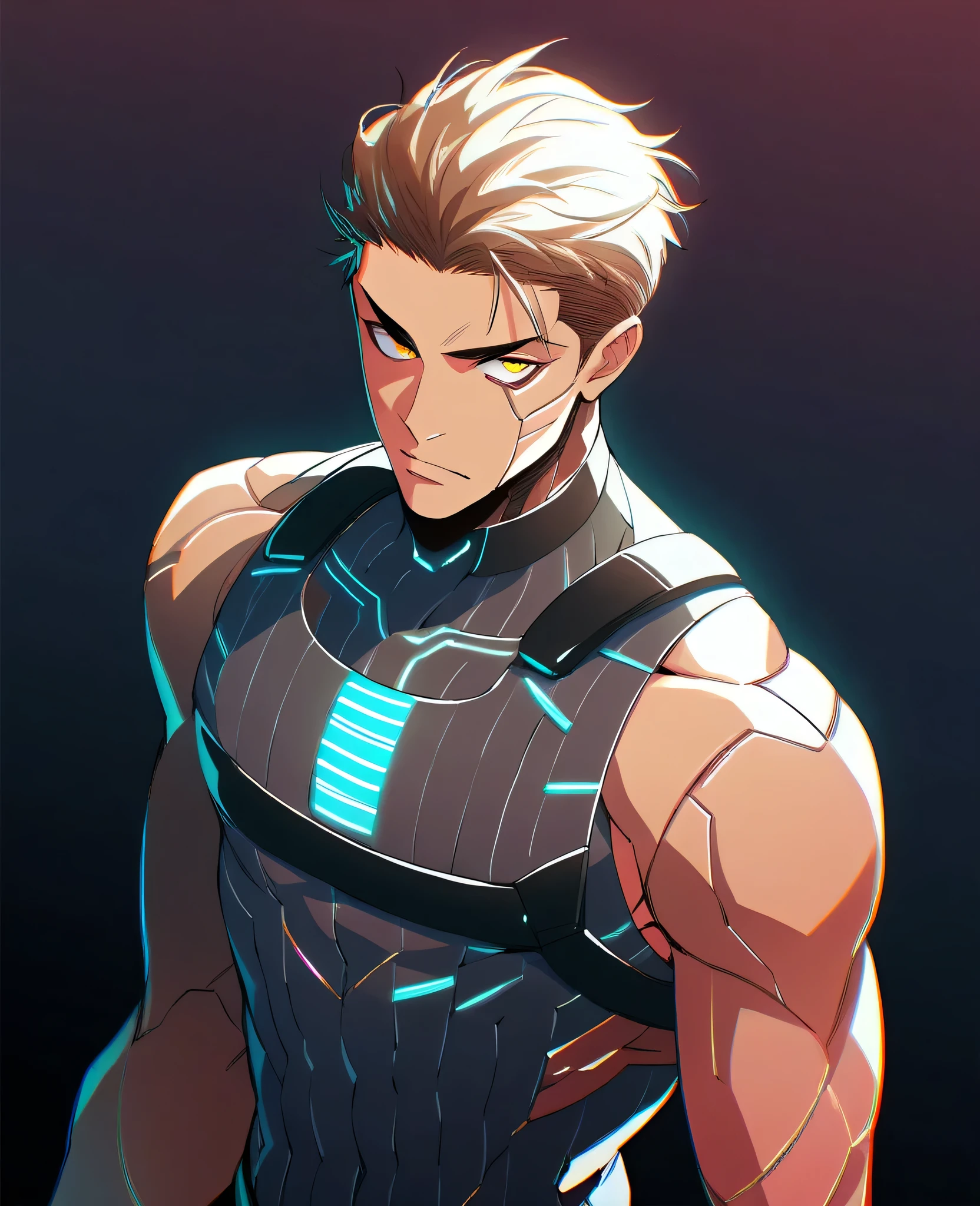 Young man,cyborg, muscular,weird fashion, neon streets of future Tokyo. Harness, sheer tank, torn