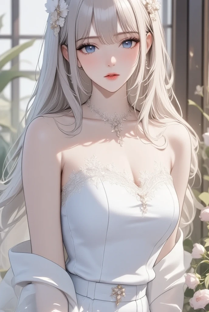masterpiece, highest quality, (solo focus), (perfect face:1.1), (high detail:1.2), an angelic woman with long white hair, pink eyes, butterflies, she's surrounded by magic, wearing a white dress, pouty lips, angelic city detailed background, cinematic lighting, light volumetric lighting, majestic bokeh