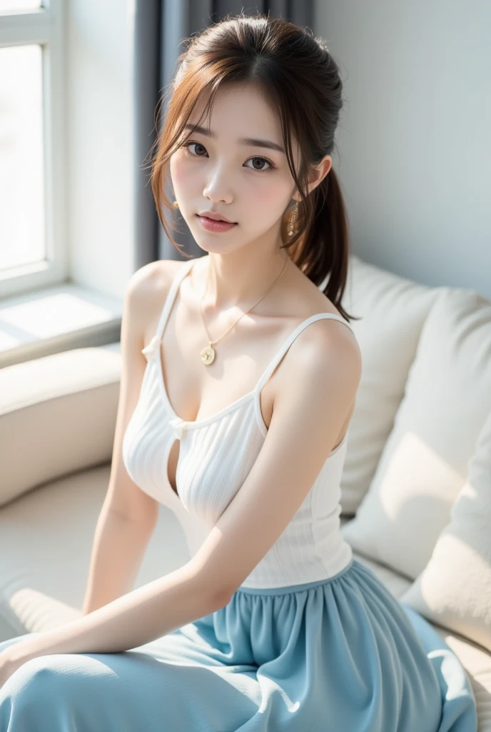 ((Completely naked)),(Beautiful mature adult woman),(flower hair ornament,Floral braided top knot,Twisted Side Part Ponytail,Floral knit headband,half up、floral braided space buns,Voluminous fishtail braid,Twisted pan,),(The bangs are see-through),very delicate and beautiful hair,big breasts,laughter、cute round face,,(table top,highest quality,Ultra high resolution output image,) ,(8K quality,),(SeaArt 2 Mode.1),(Picture Mode Ultra HD,),((sit with your knees up on the sofa in the living room, spread your legs)),((NSFW, (Spread your pussy:1.3))
