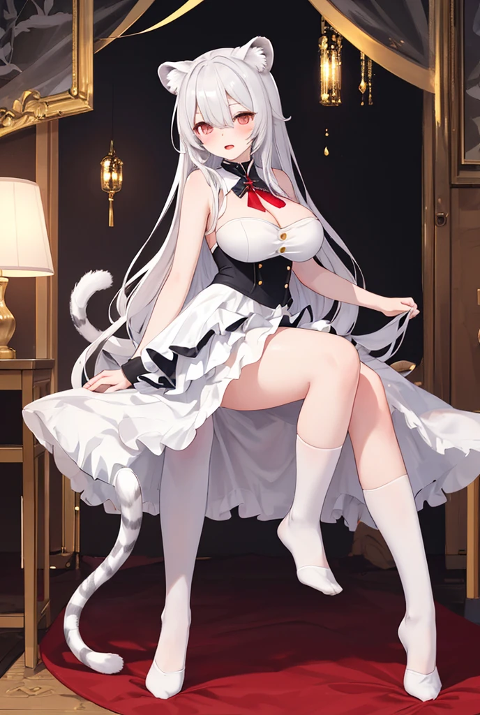 The young girl,White stockings,Animal ear,shy,moaning,High quality,hyper HD,tmasterpiece,textur,The skin,hyper-detailing,full body,Clear skinny panties,Open legs,Lift your clothes,Open the underwear,anime big breast,The whole face is red,weak,crying,Sexy clothes --auto