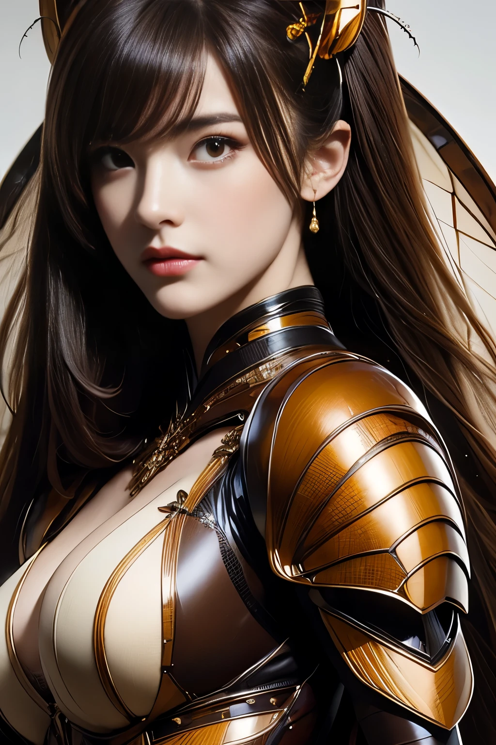(High quality) , (masterpiece) , (detailed) , 8K , Hyper-realistic illustration of a girl with distinct Japanese features , wearing an intricate cockroach-inspired attire . The upper body portrait showcases the unique fusion of insect characteristics with delicate feminine aesthetics . The subject's intense gaze draws viewers in , while the intricate details of her attire , from glossy exoskeleton-like armor to delicate antennae , create a captivating and unusual portrait that blends beauty and unconventional inspiration .